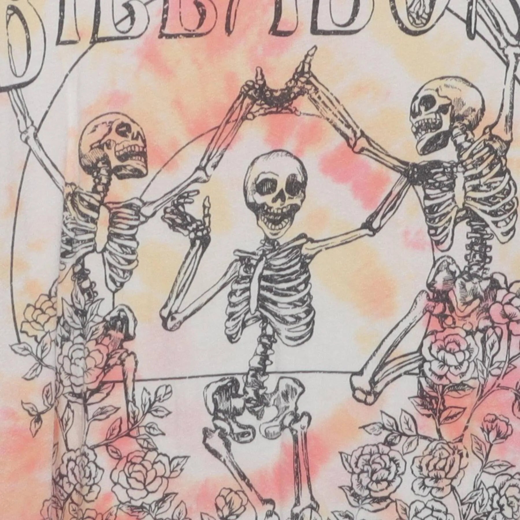 Close-up of the main graphic on the Vintage Y2K Billabong "Dancing Skeletons" T-Shirt - L