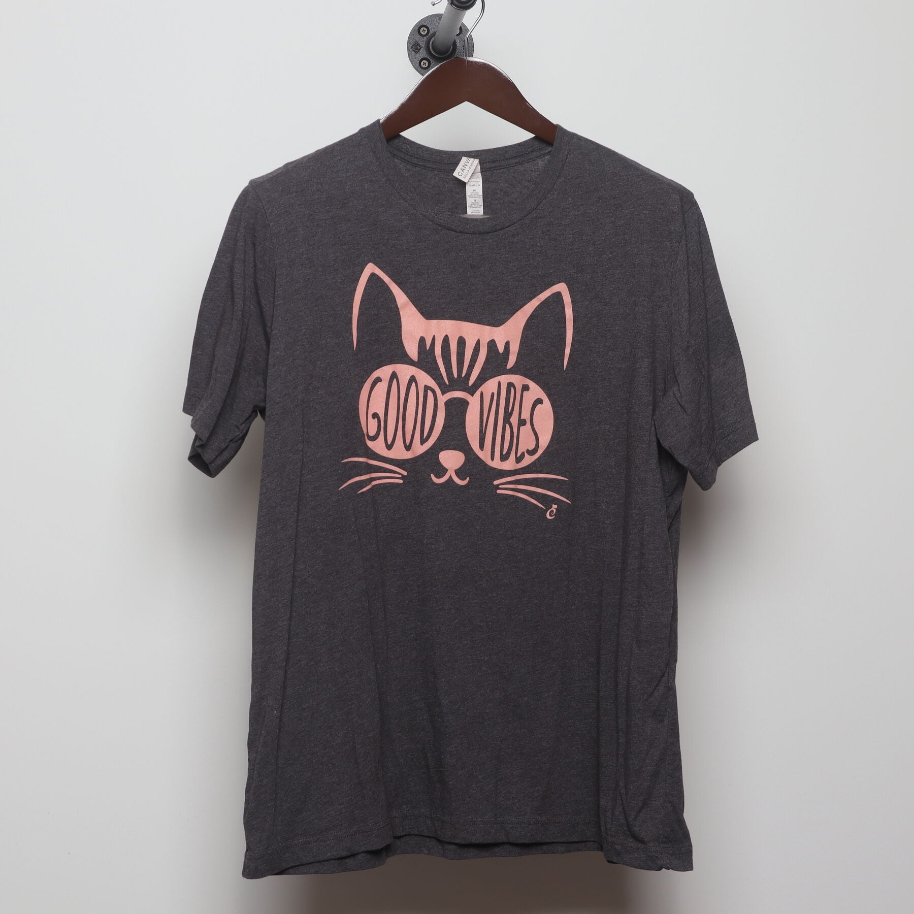 Good Vibes Cat with Sunglasses Graphic T-Shirt Charcoal Gray