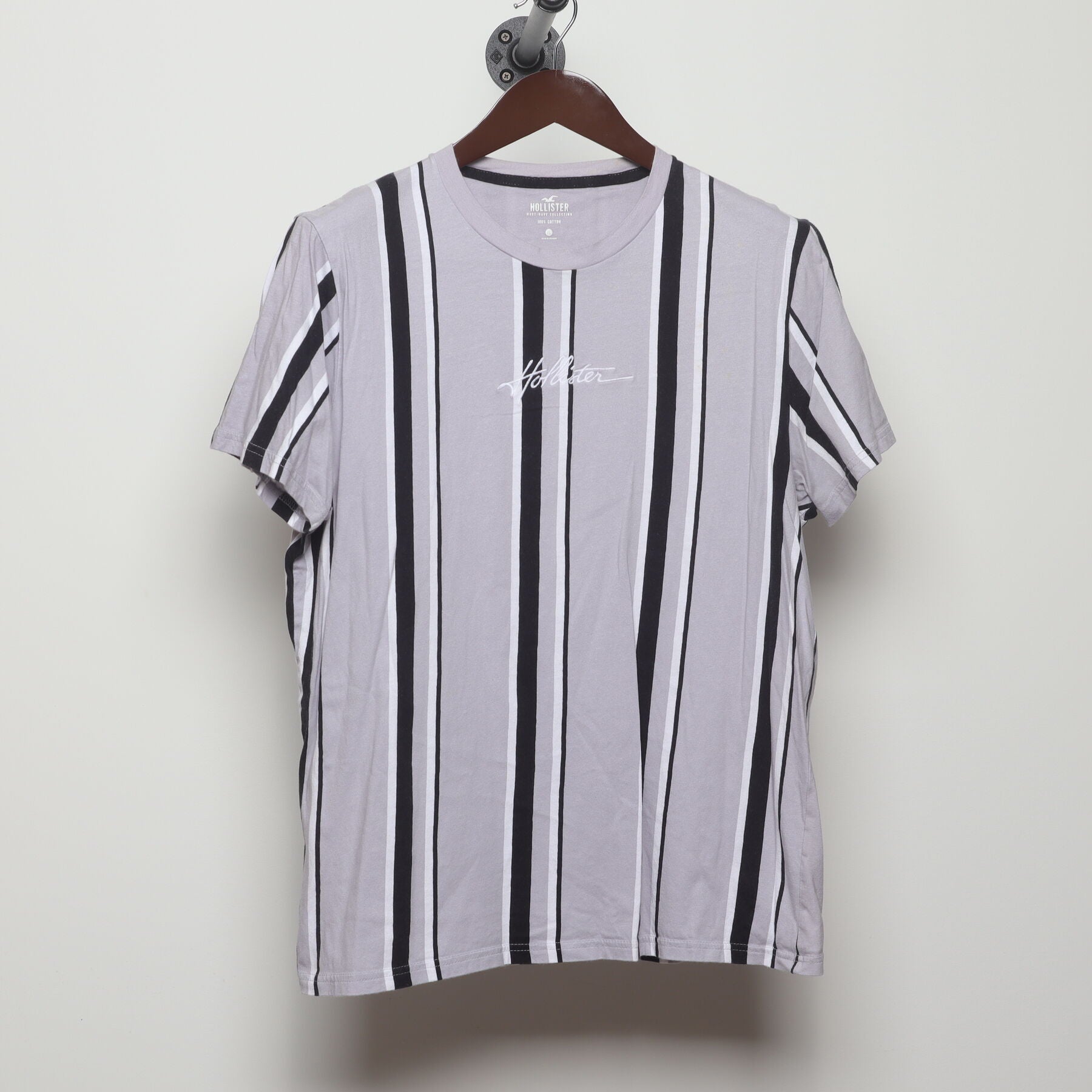 Front view of Vintage Y2K Hollister "Embroidered Script Logo Striped" T-Shirt - M