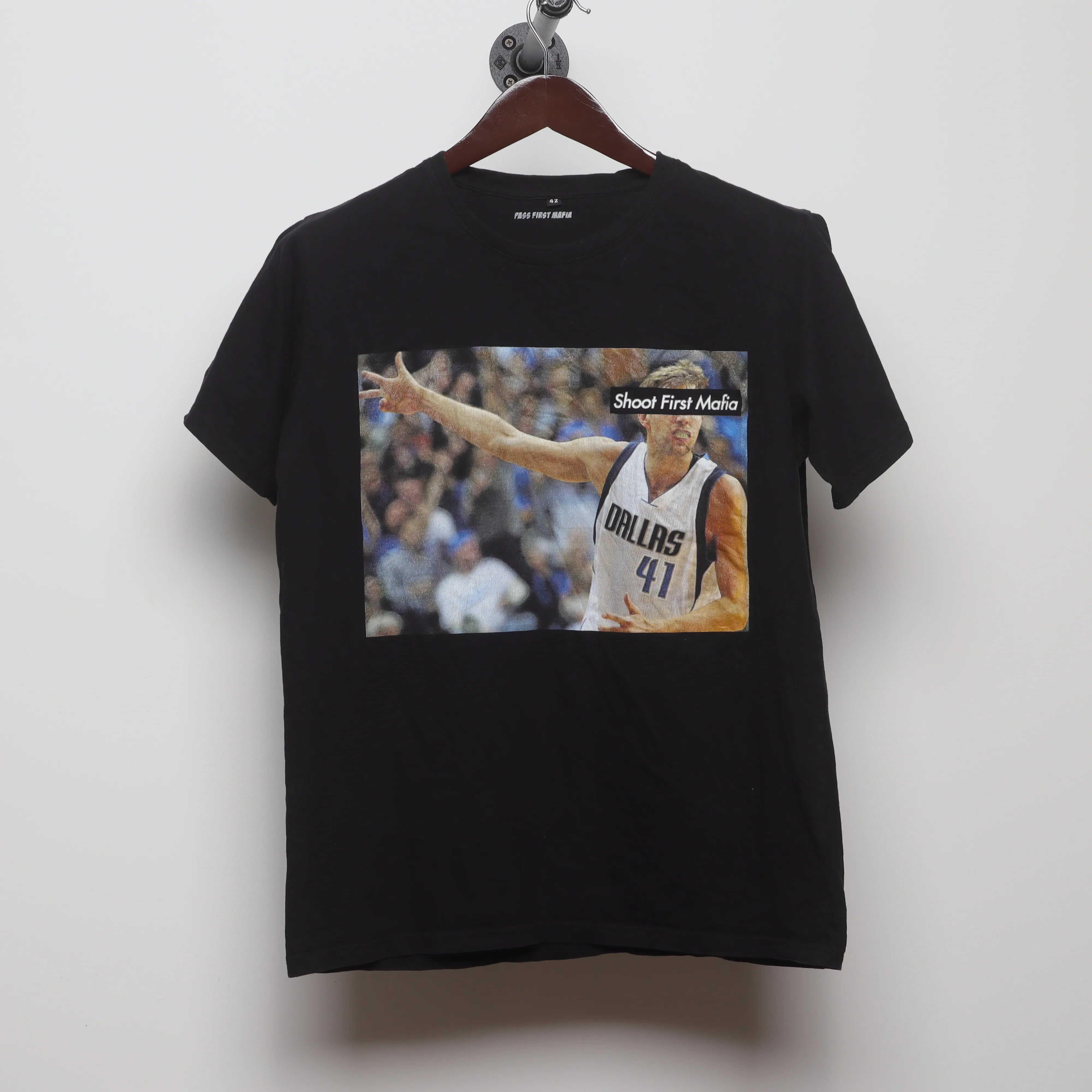 Front view of Modern Dirk Nowitzki Shoot First Mafia T-Shirt M
