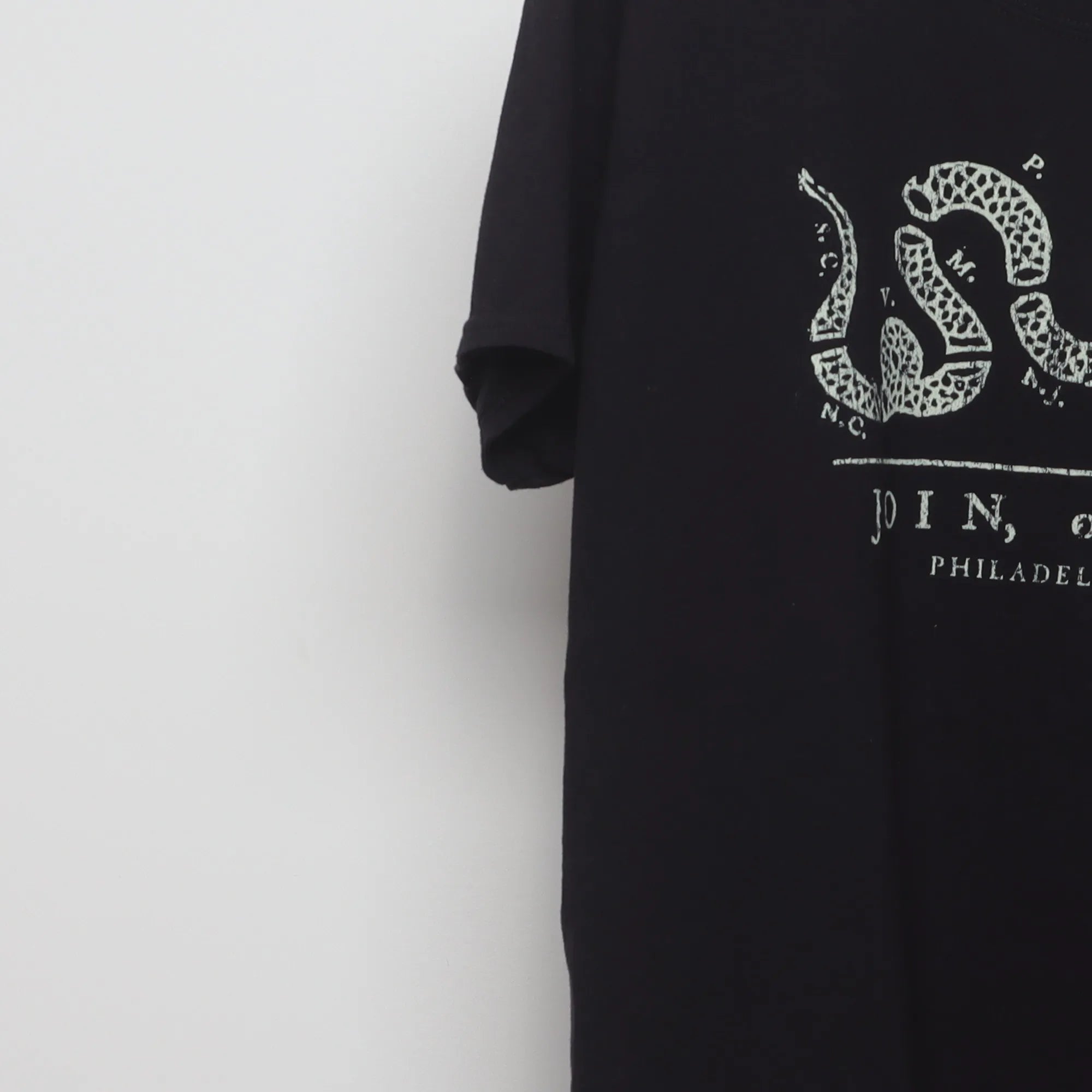 Close-up of the sleeve on the Modern Join or Die Ben Franklin T-Shirt L