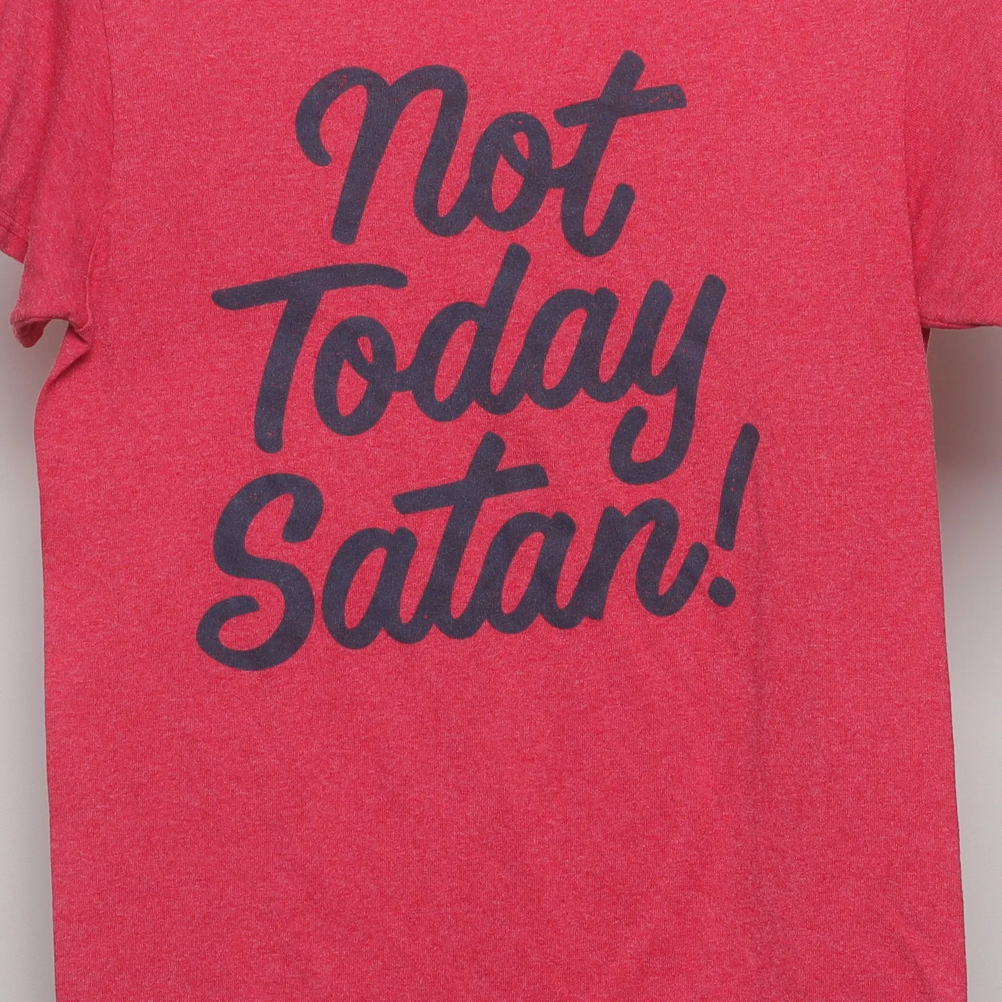 Close-up of the main graphic on the Modern Not Today Satan Slogan Graphic T-Shirt S