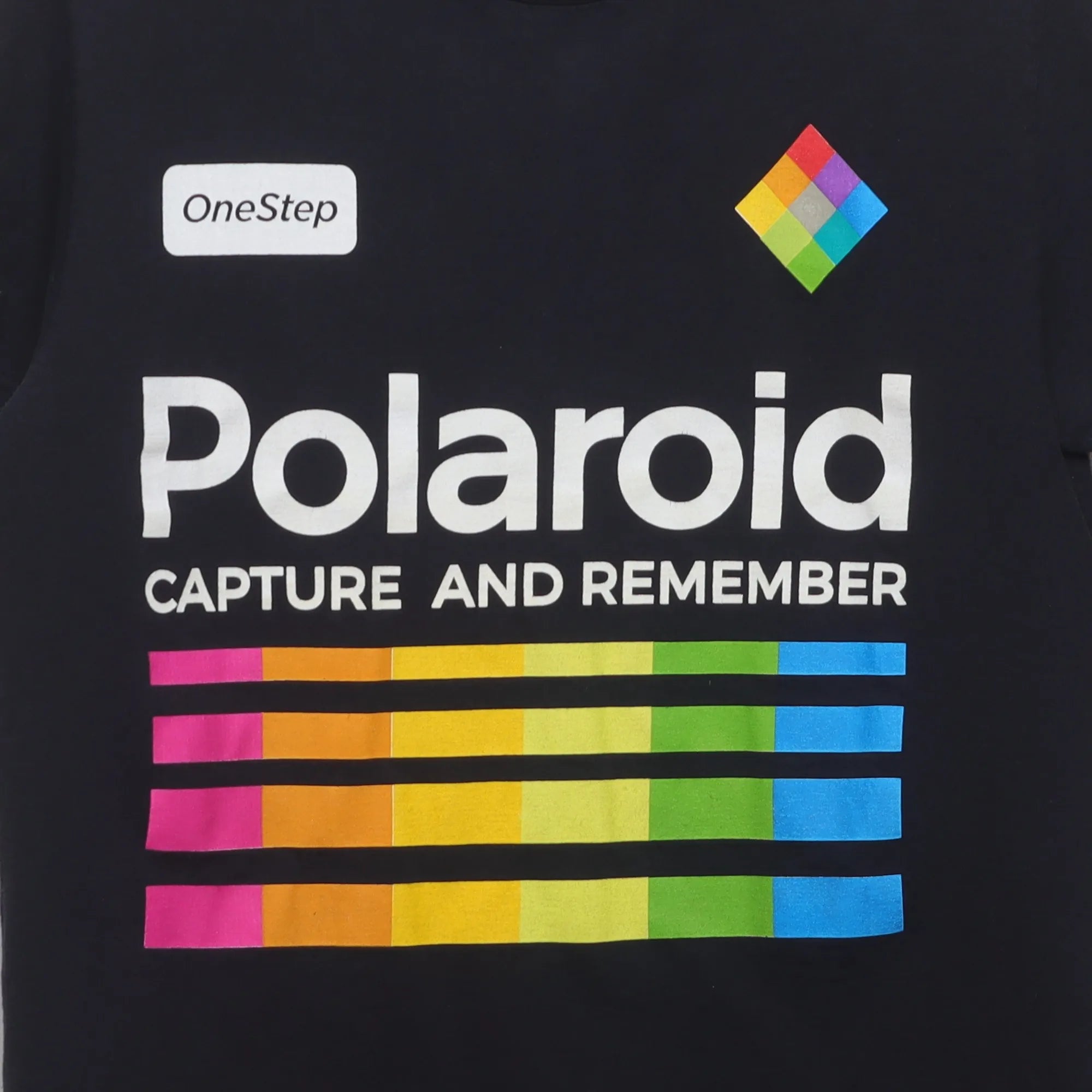 Close-up of the main graphic on the Modern Polaroid Retro Rainbow Logo T-Shirt M