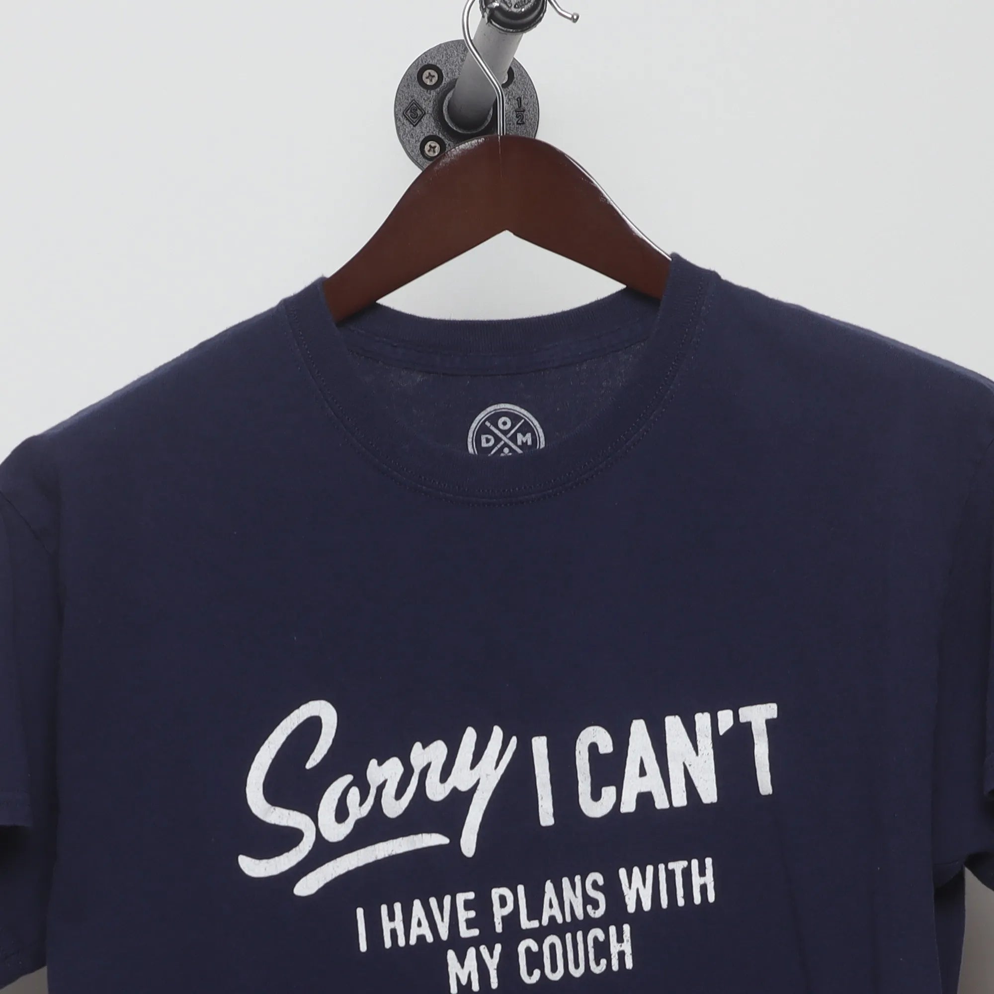 Close-up of the collar and tag on the Modern Sorry I Can't Funny Graphic T-Shirt M