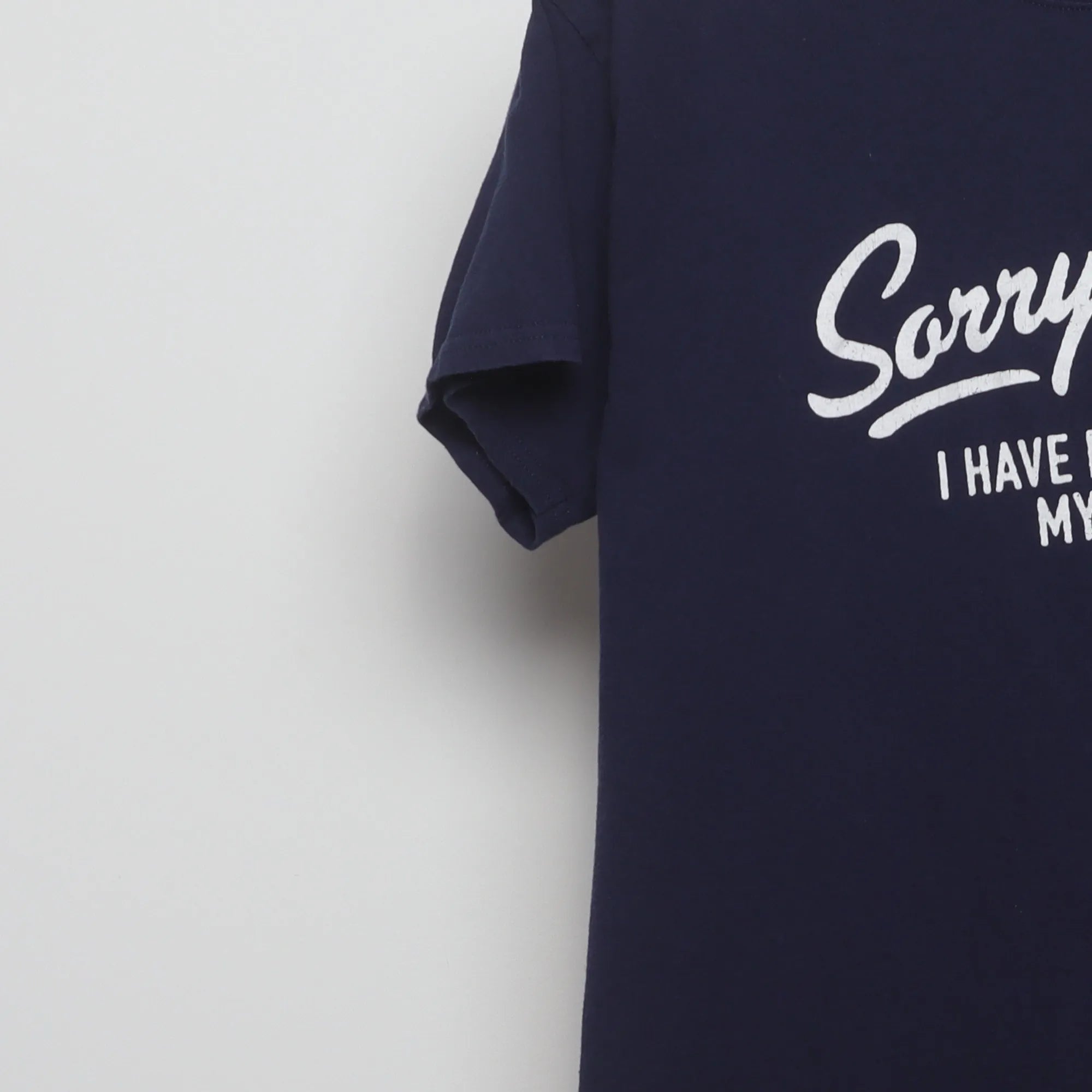 Close-up of the sleeve on the Modern Sorry I Can't Funny Graphic T-Shirt M