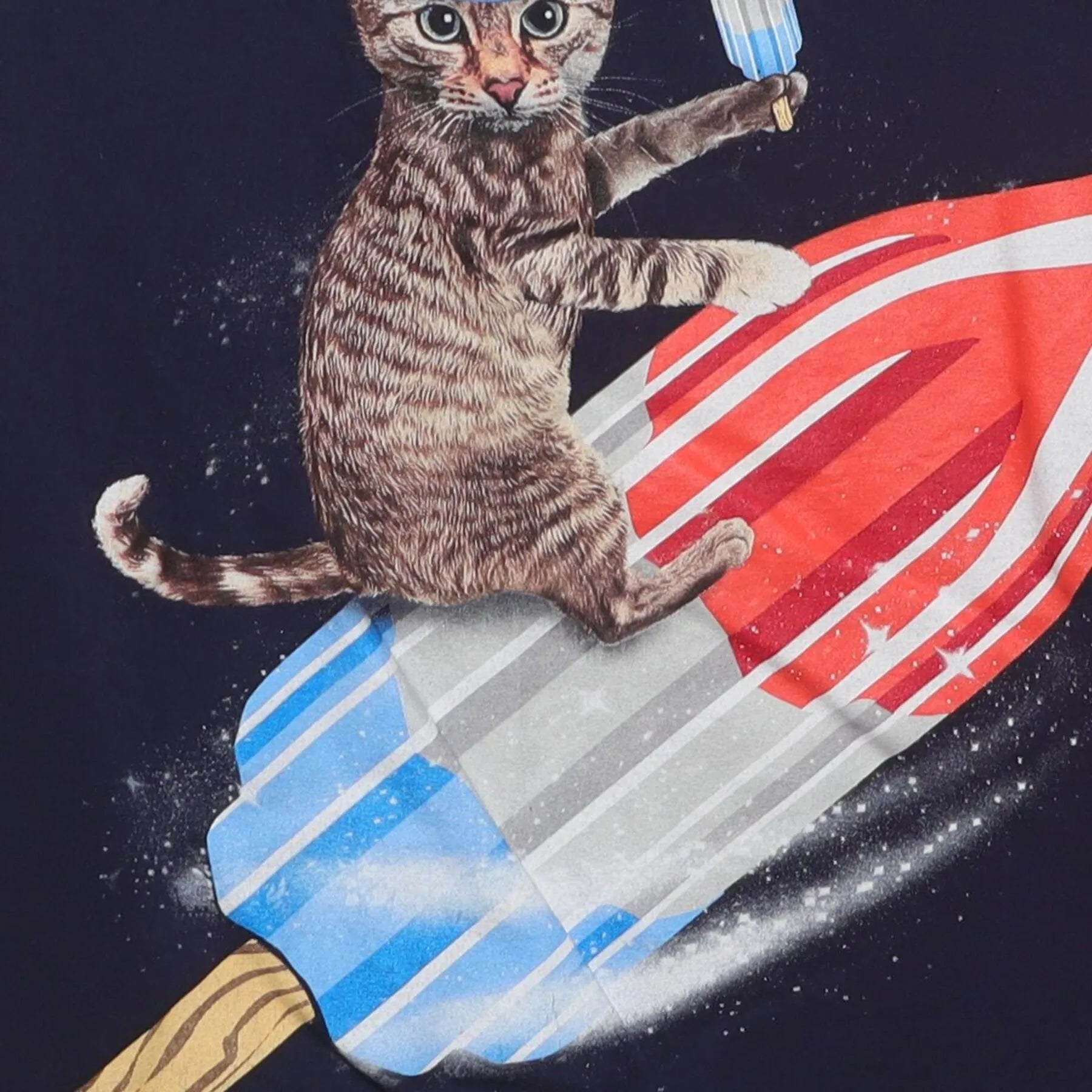 Close-up of the main graphic on the Vintage Y2K Celebrate! Patriotic "Cat Riding Rocket Pop" T-Shirt - M
