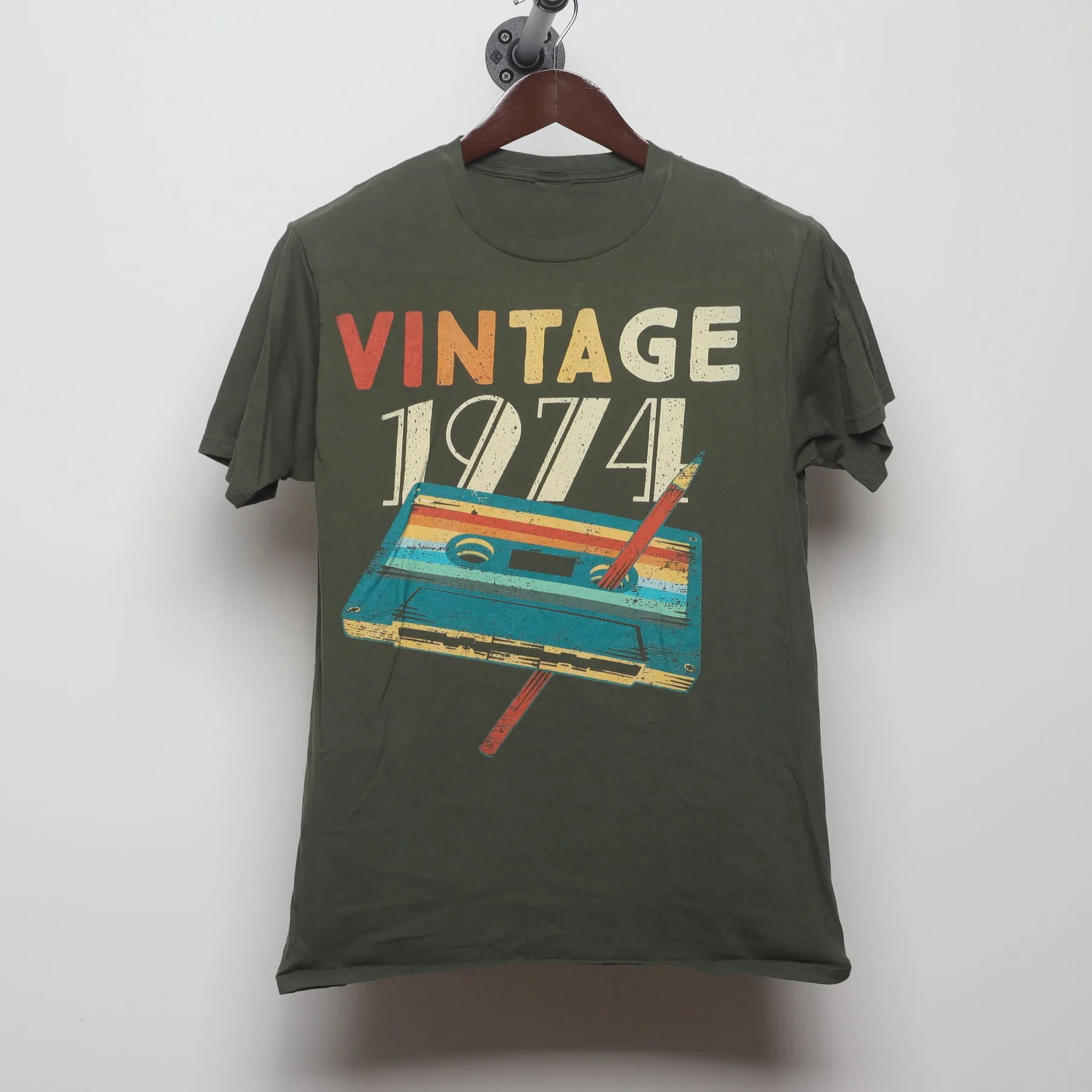 Front view of Vintage 1970s "Vintage 1974" Cassette Tape T-Shirt - S