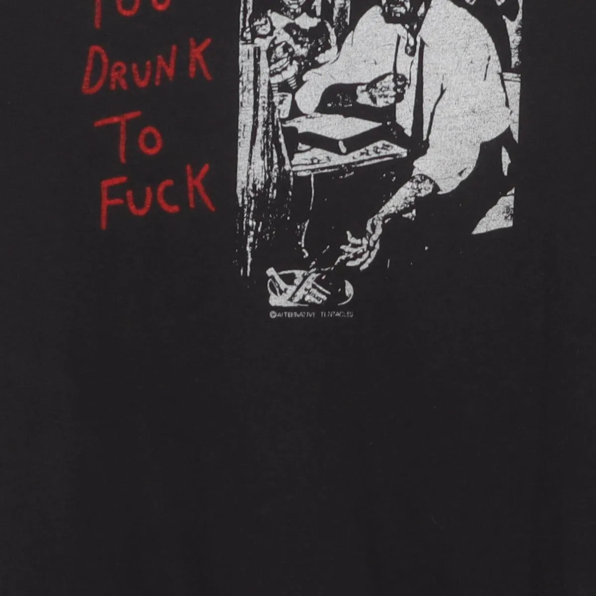 Close-up of the main graphic on the Vintage 1980s Dead Kennedys "Too Drunk To Fuck" T-Shirt - S