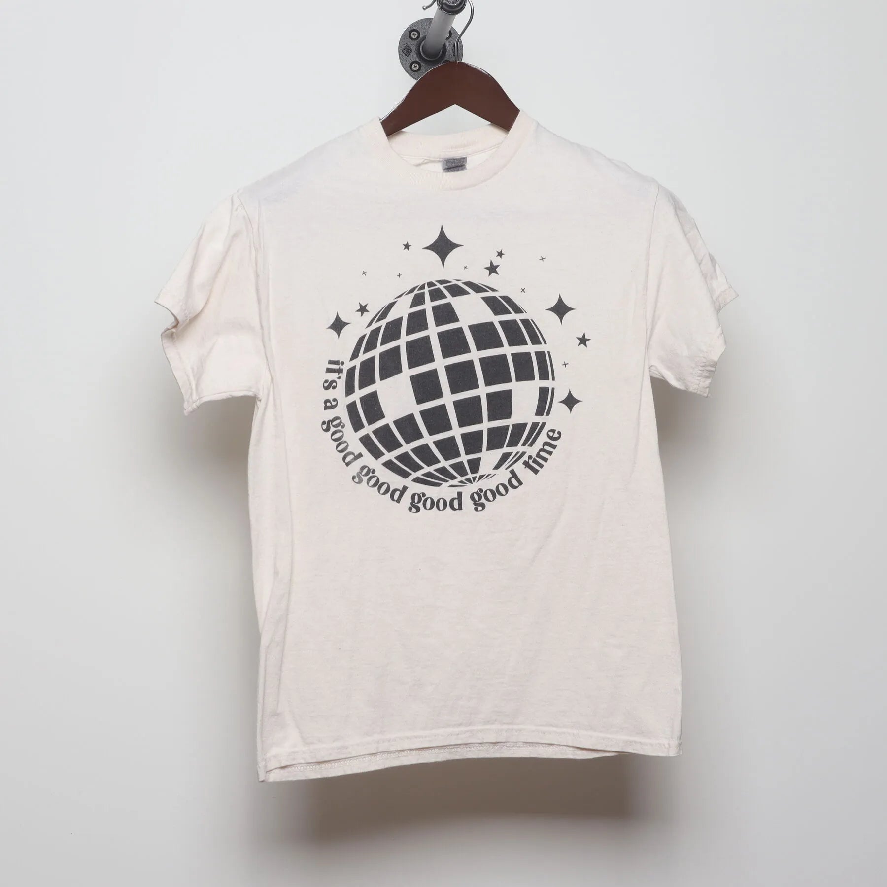 Front view of Vintage Y2K Disco Ball Graphic "It's A Good Good Good Good Time" T-Shirt - S