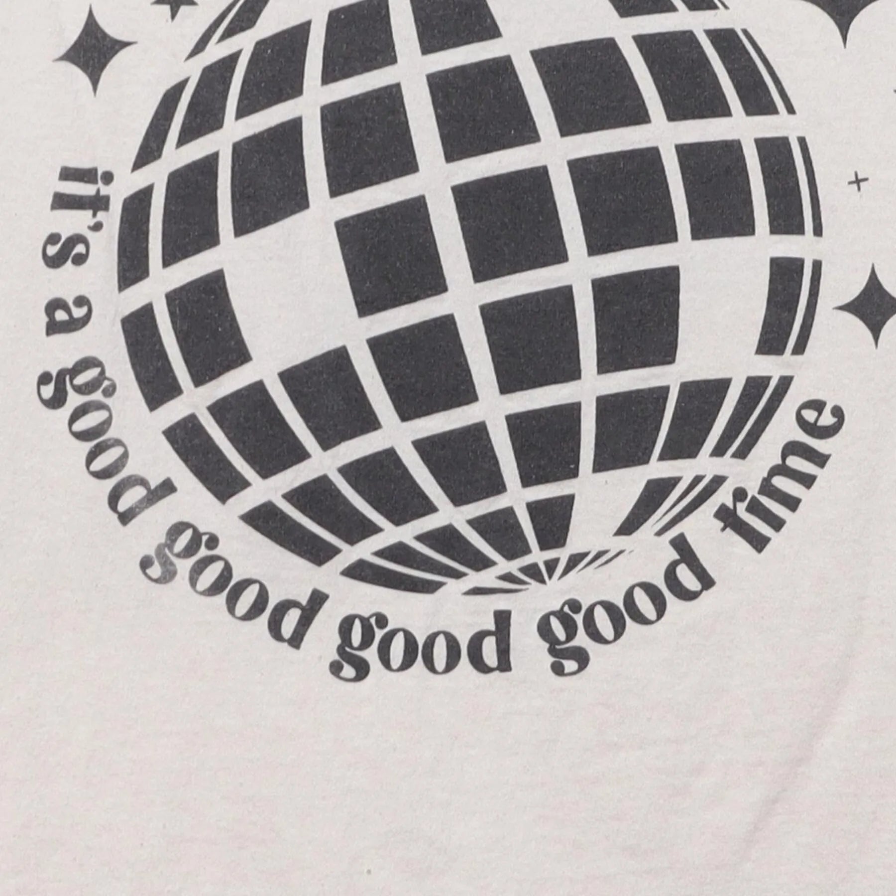 Close-up of the Right sleeve on the Vintage Y2K Disco Ball Graphic "It's A Good Good Good Good Time" T-Shirt - S