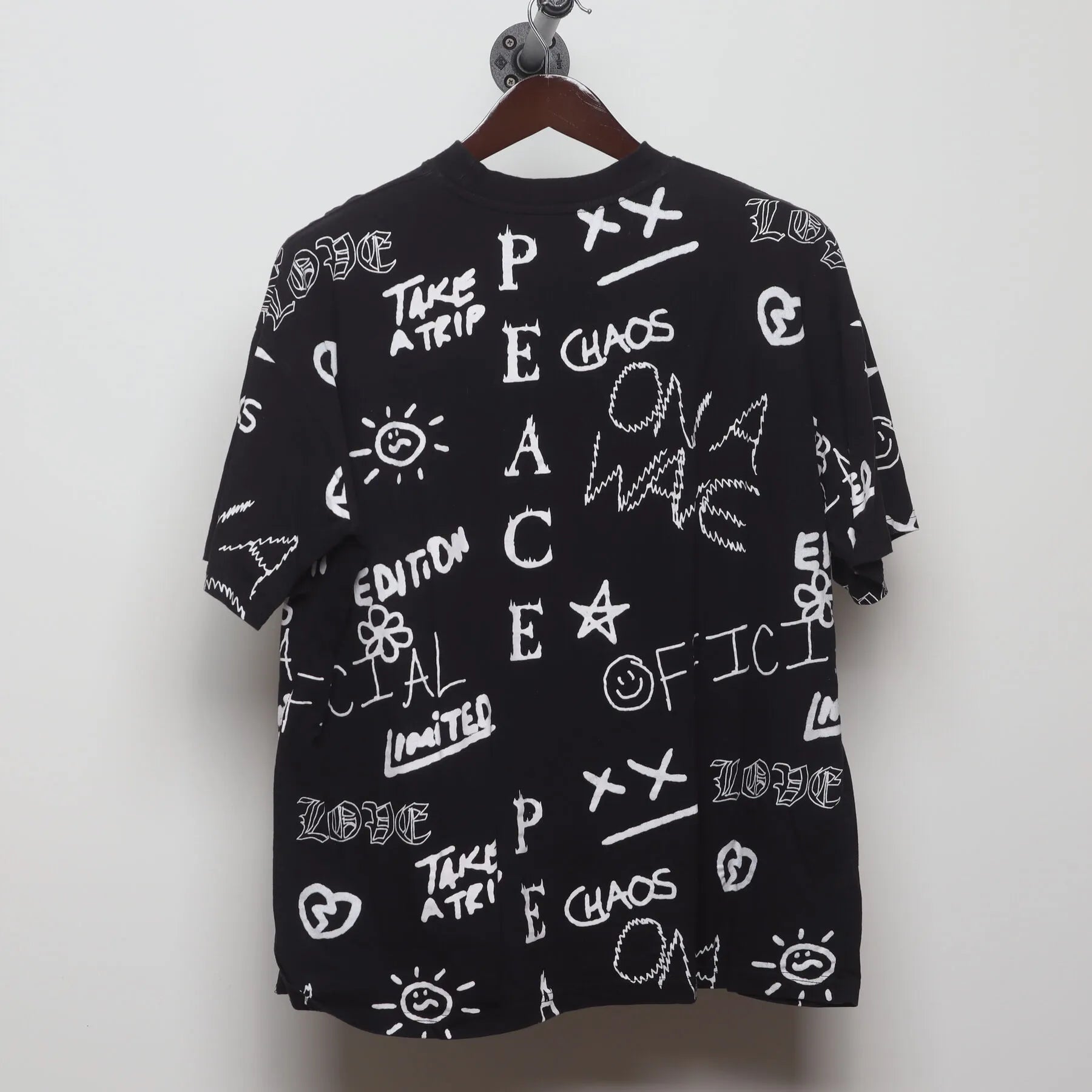Back view of Vintage 1990s Graffiti Art "Chaos & Peace" All Over Print T-Shirt - XXL