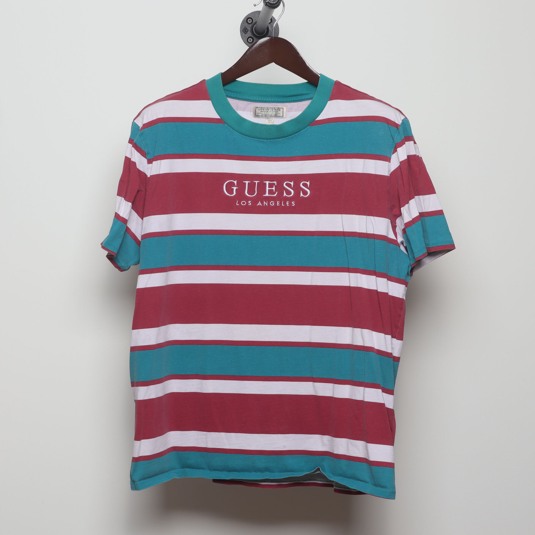 Front view of Vintage 1990s Guess "Striped Logo" T-Shirt - XL