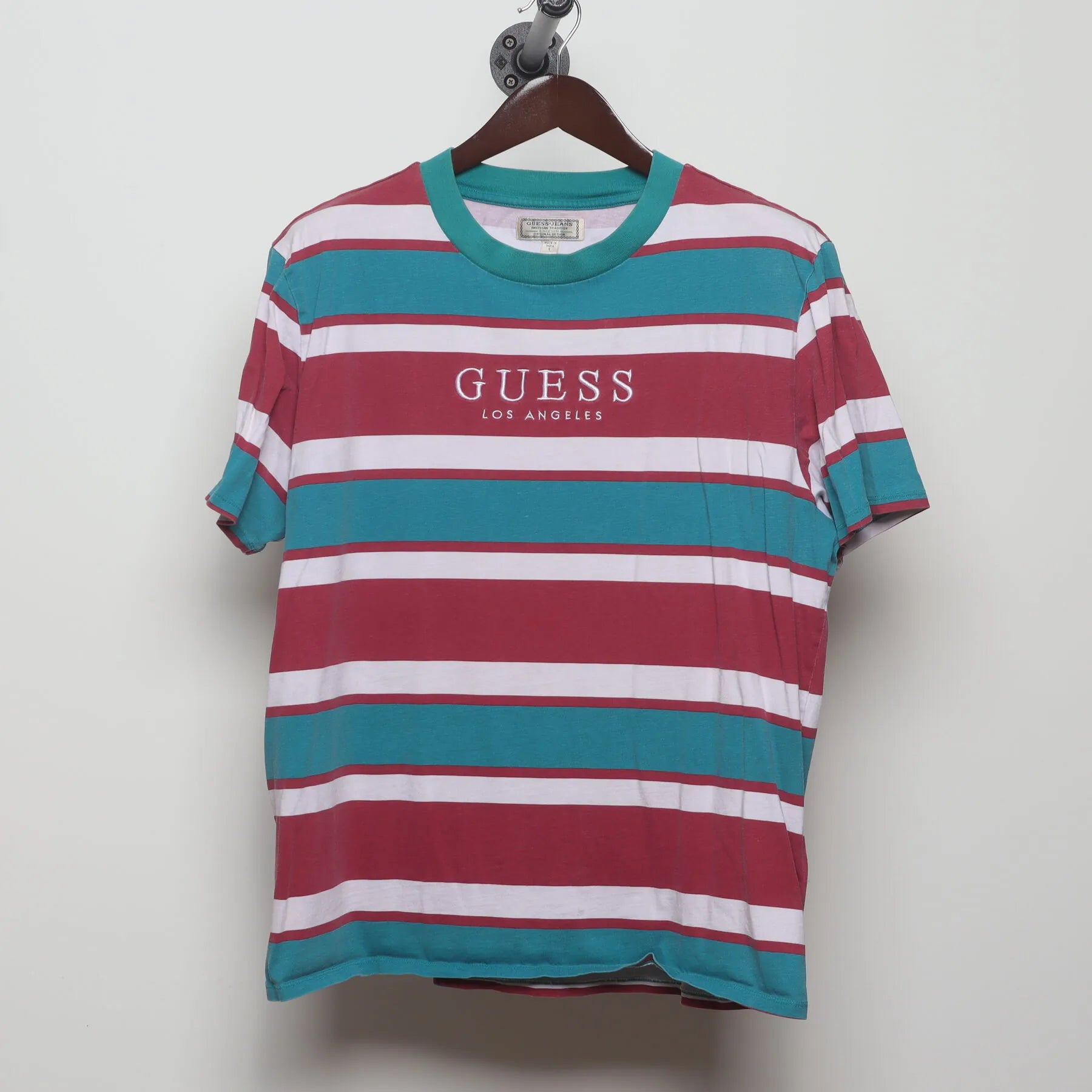 Front view of Vintage 1990s Guess "Striped Logo" T-Shirt - XL