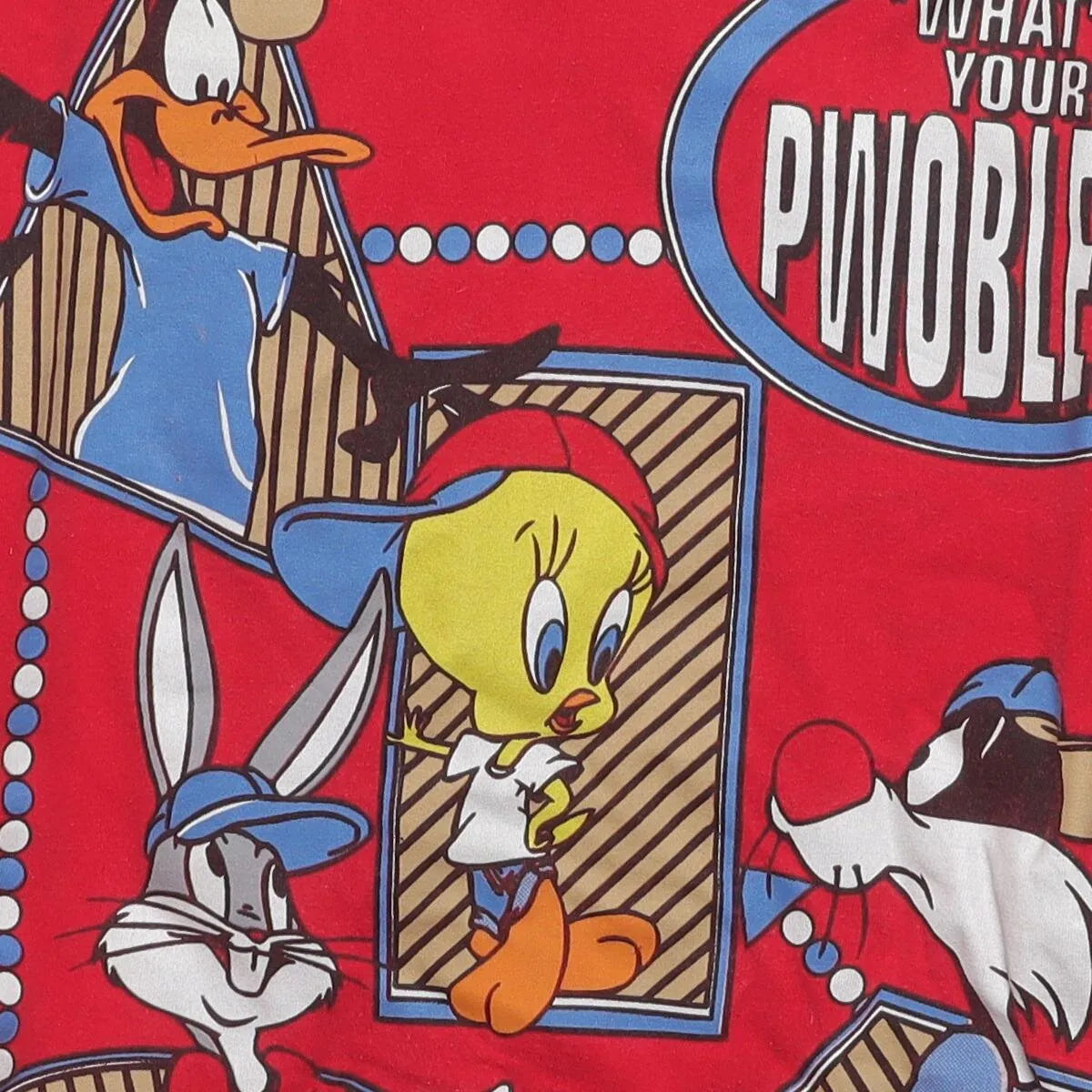 Close-up of the main graphic on the Vintage 1990s Looney Tunes "What's Your Pwoblem?" T-Shirt - L