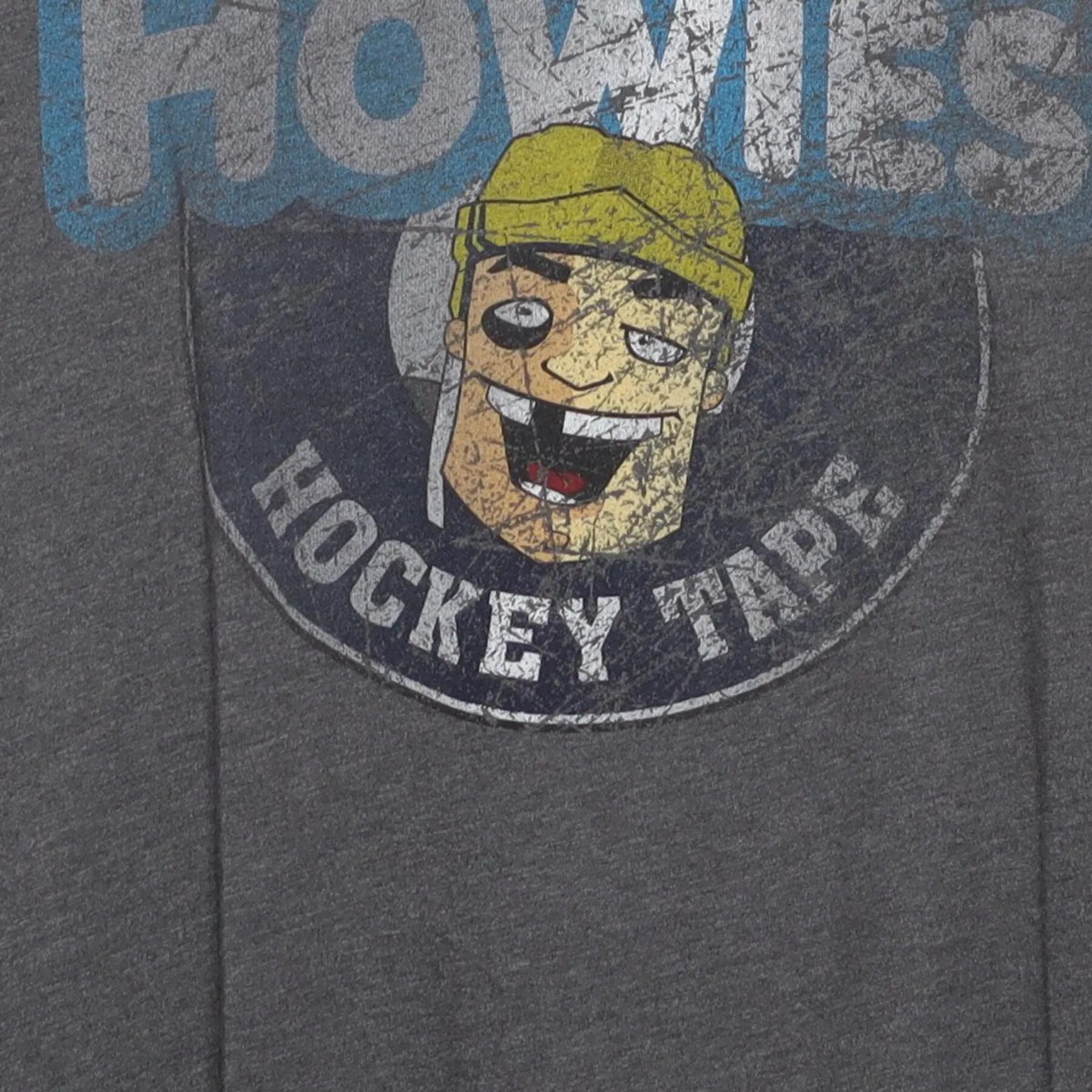 Close-up of the main graphic on the Vintage Y2K Homage x Howies Hockey Tape "Mascot Logo" T-Shirt - L