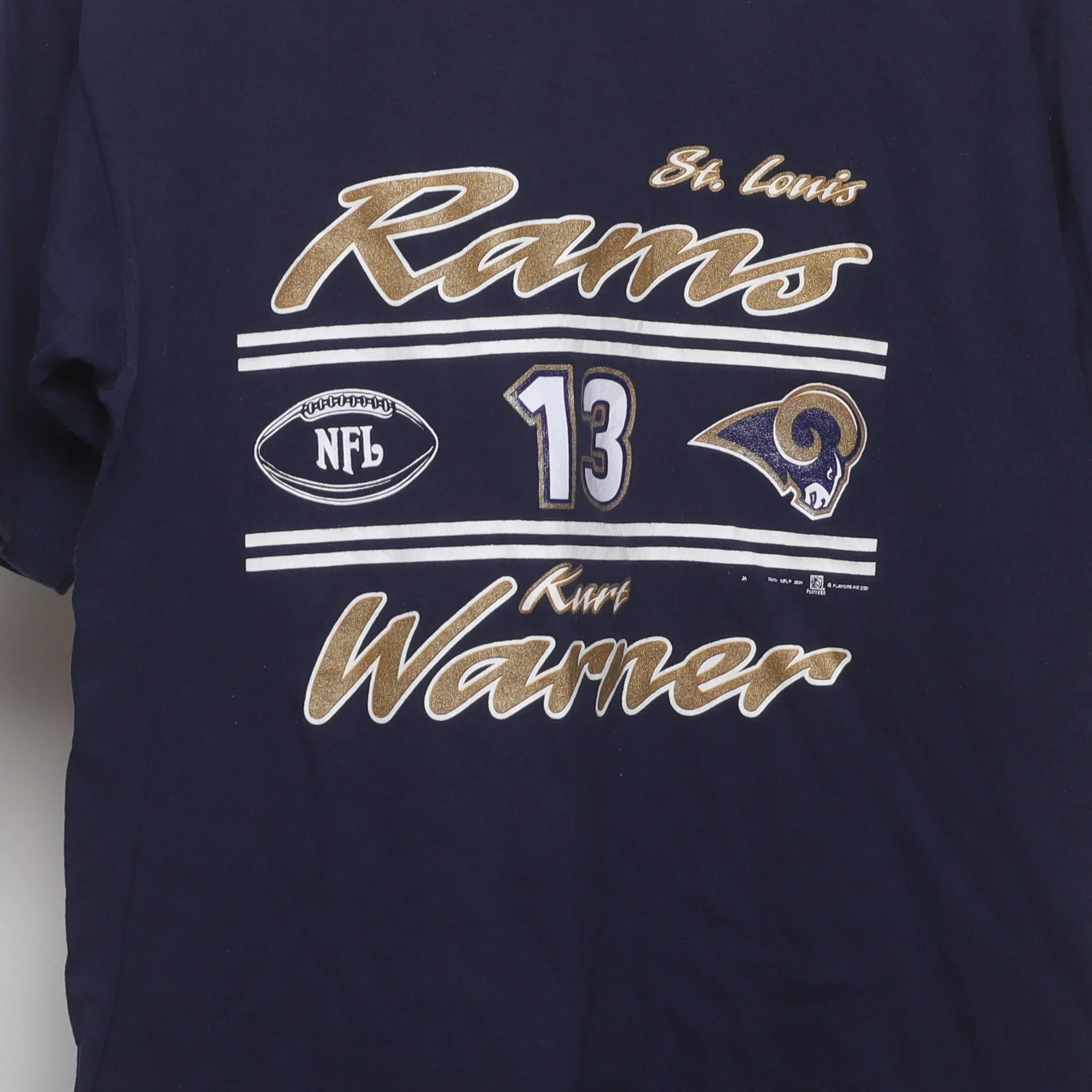 Close-up of the main graphic on the Vintage 2000s St. Louis Rams Kurt Warner T-Shirt M