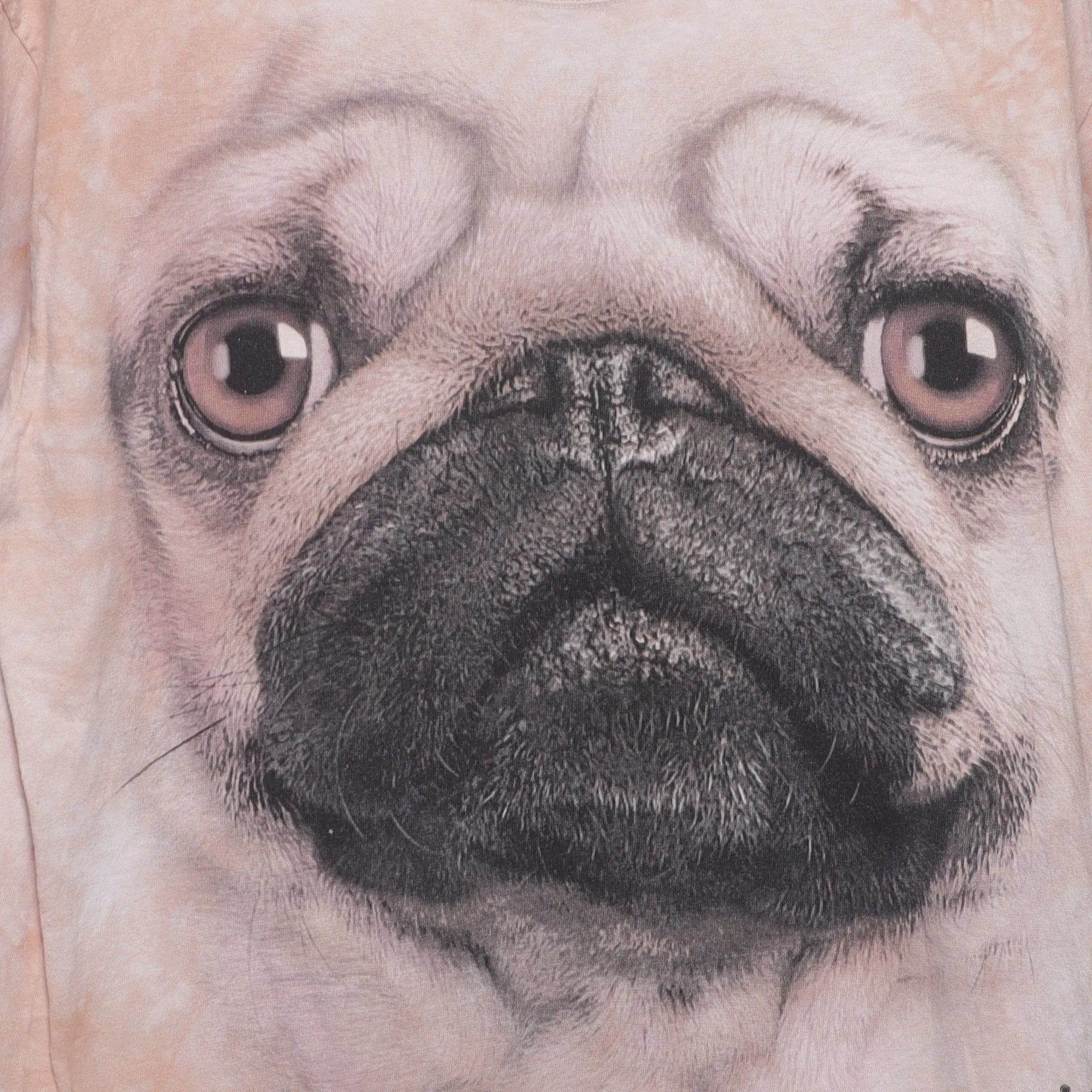 Close-up of the main graphic on the Vintage 2000s The Mountain Pug Big Face T-Shirt L