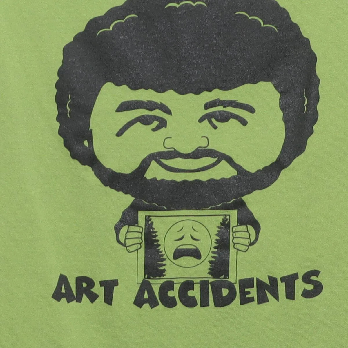 Close-up of the main graphic on the Vintage 2010s Bob Ross "Happy Little Art Accidents" T-Shirt - M