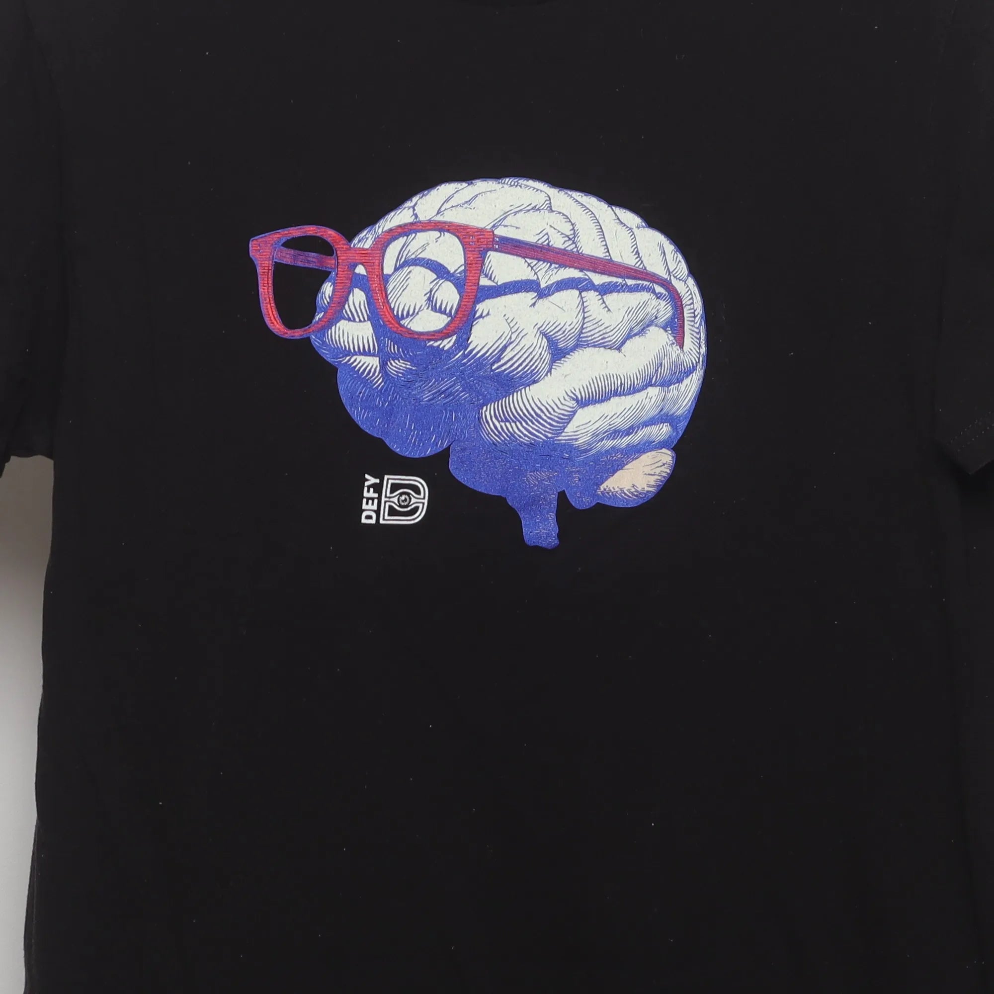 Close-up of the main graphic on the Vintage 2010s Defy Brain Glasses Graphic T-Shirt M