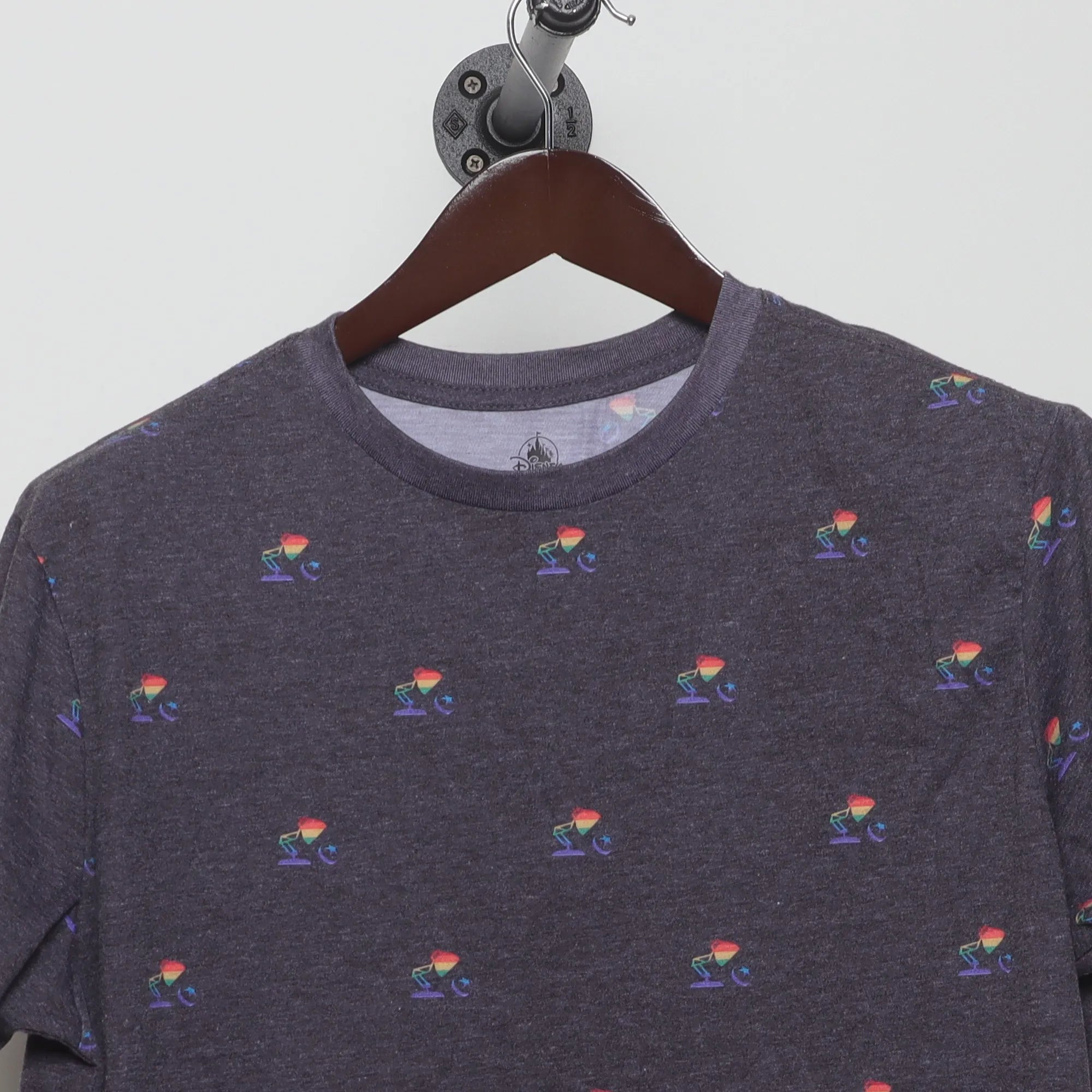 Close-up of the collar and tag on the Vintage 2010s Disney Pixar Pride Lamp T-Shirt L