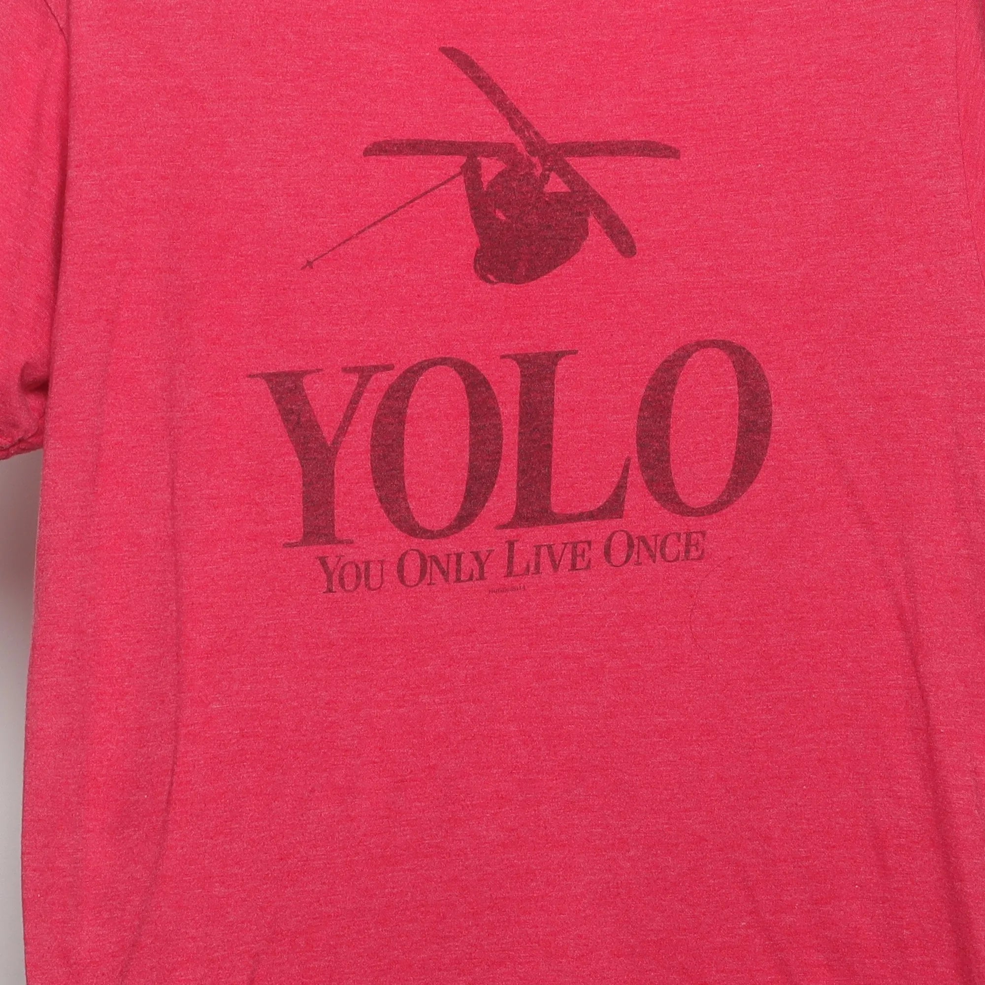 Close-up of the main graphic on the Vintage 2010s Keystone Ski YOLO Graphic T-Shirt M