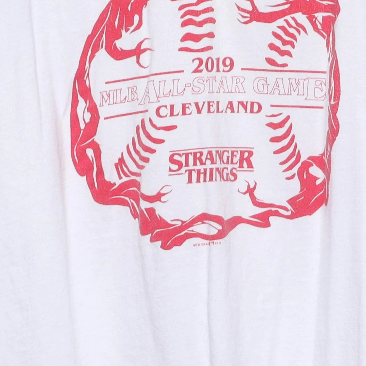 Close-up of the main graphic on the Vintage 2010s New Era / Netflix "Stranger Things 2019 MLB All-Star Game" T-Shirt - L
