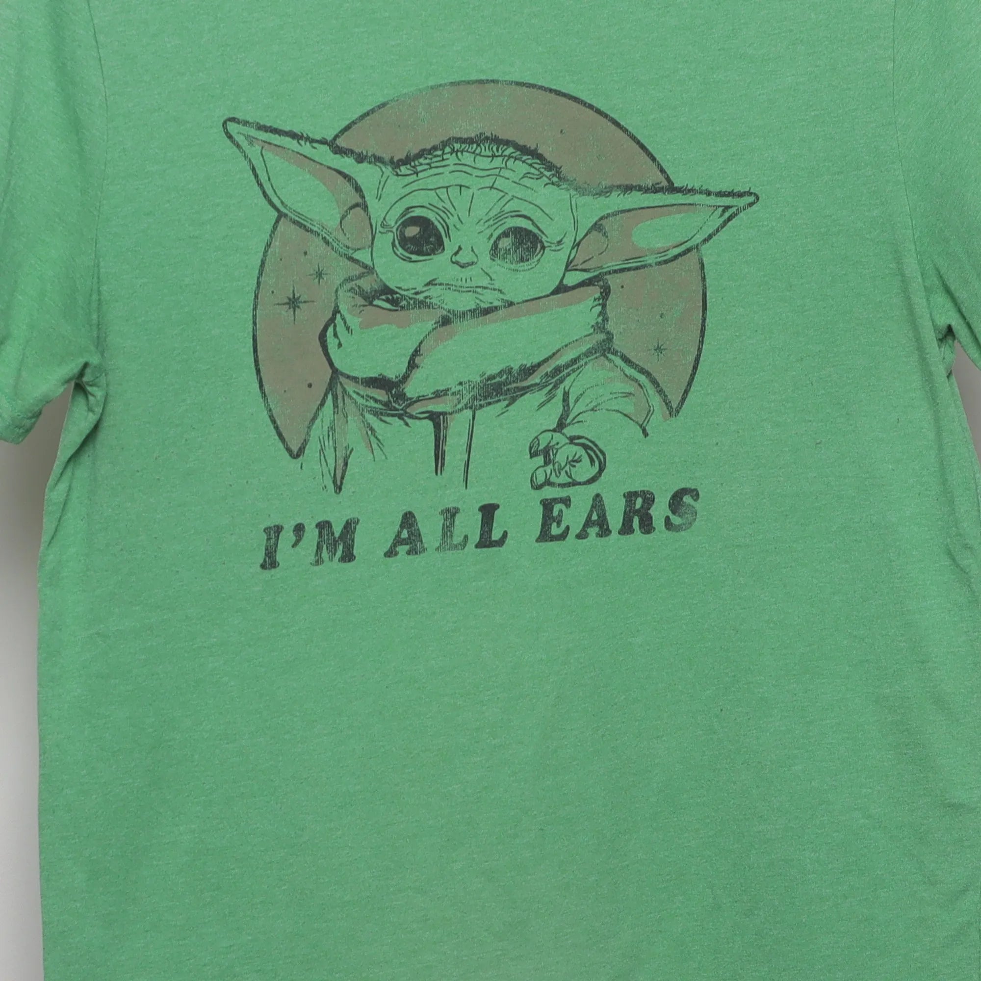 Close-up of the main graphic on the Vintage 2010s Star Wars Grogu 'I'm All Ears' Tee M