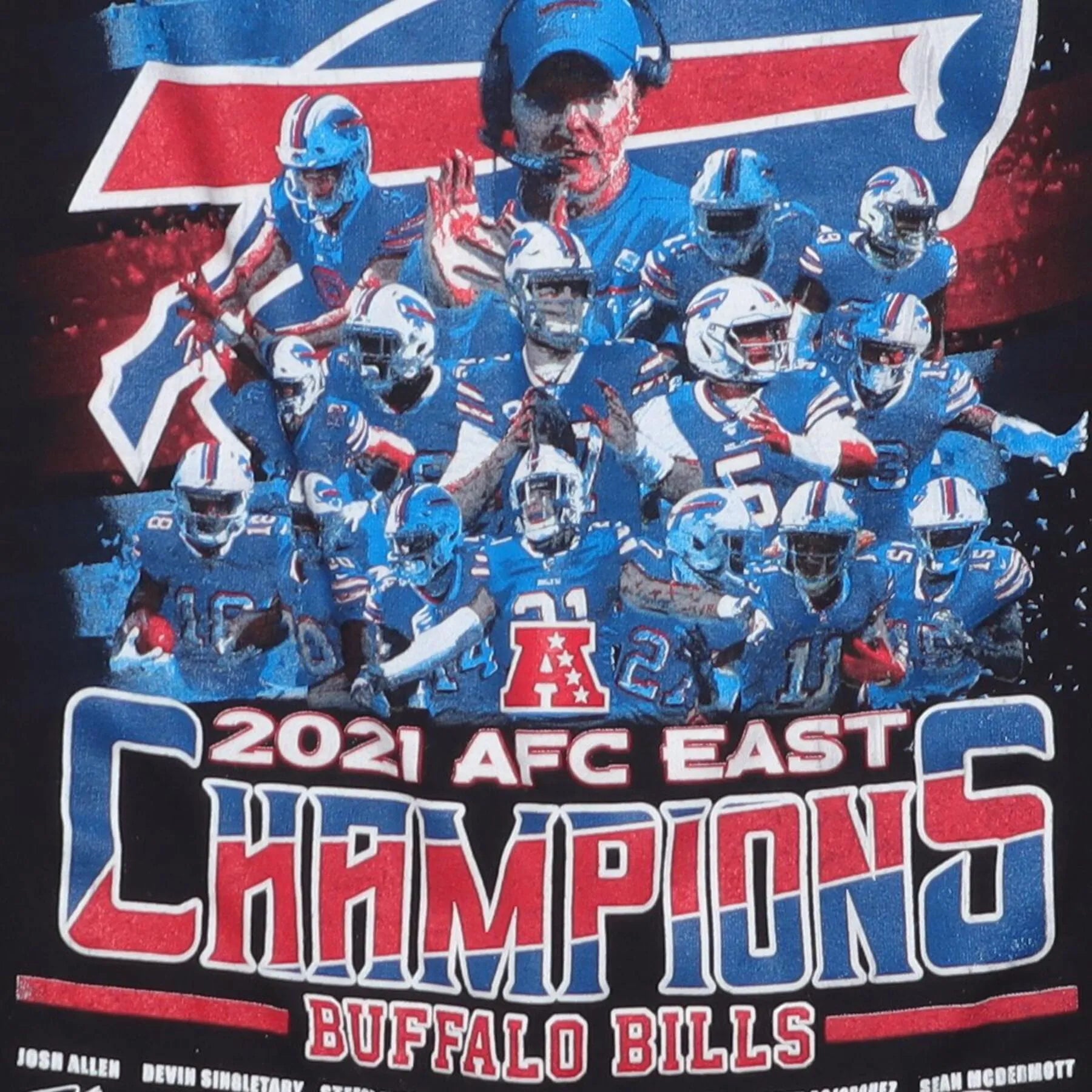 Close-up of the main graphic on the Vintage 2020s Buffalo Bills "2021 AFC East Champions" T-Shirt - XS