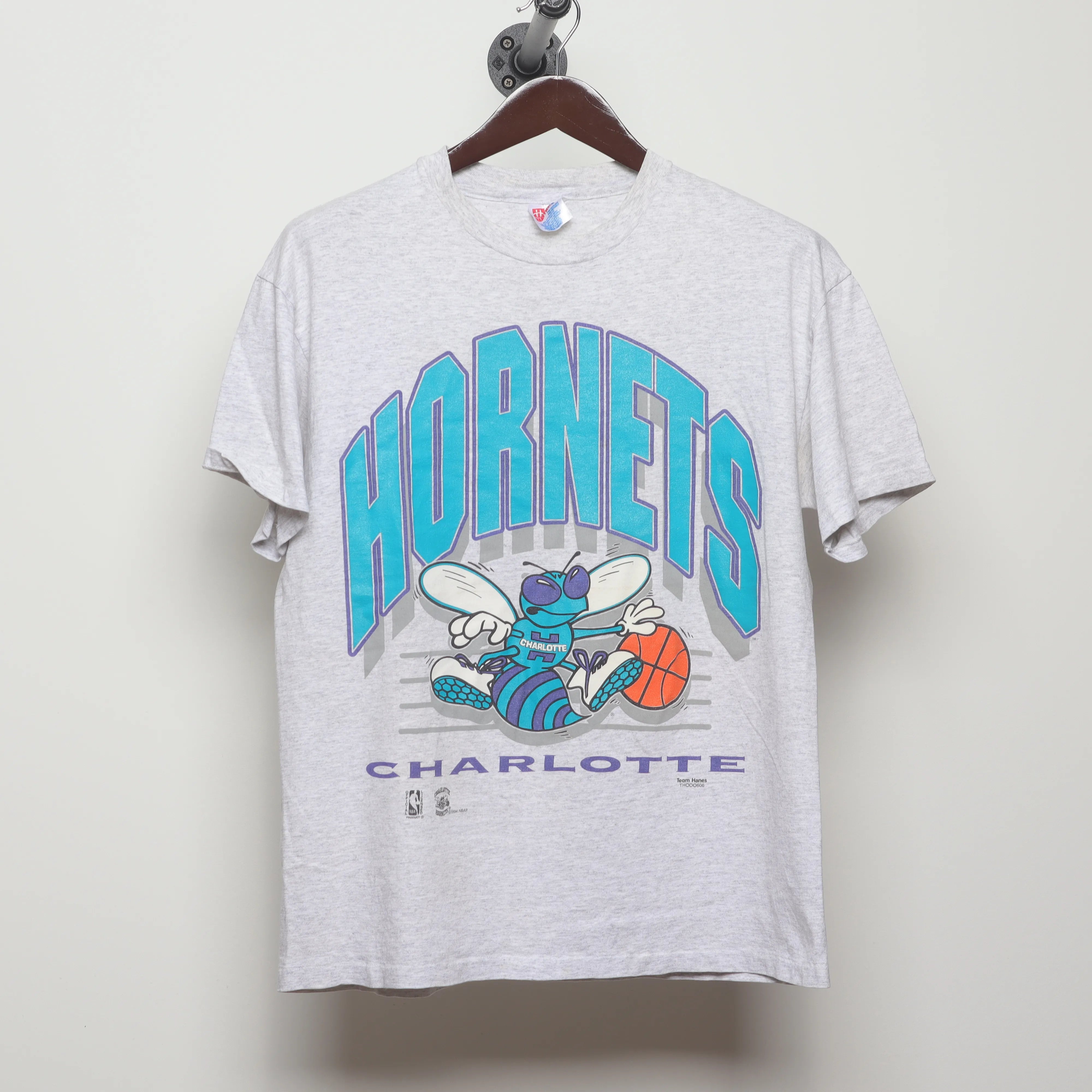 Front view of Vintage 90s Charlotte Hornets Single Stitch NBA T-Shirt L