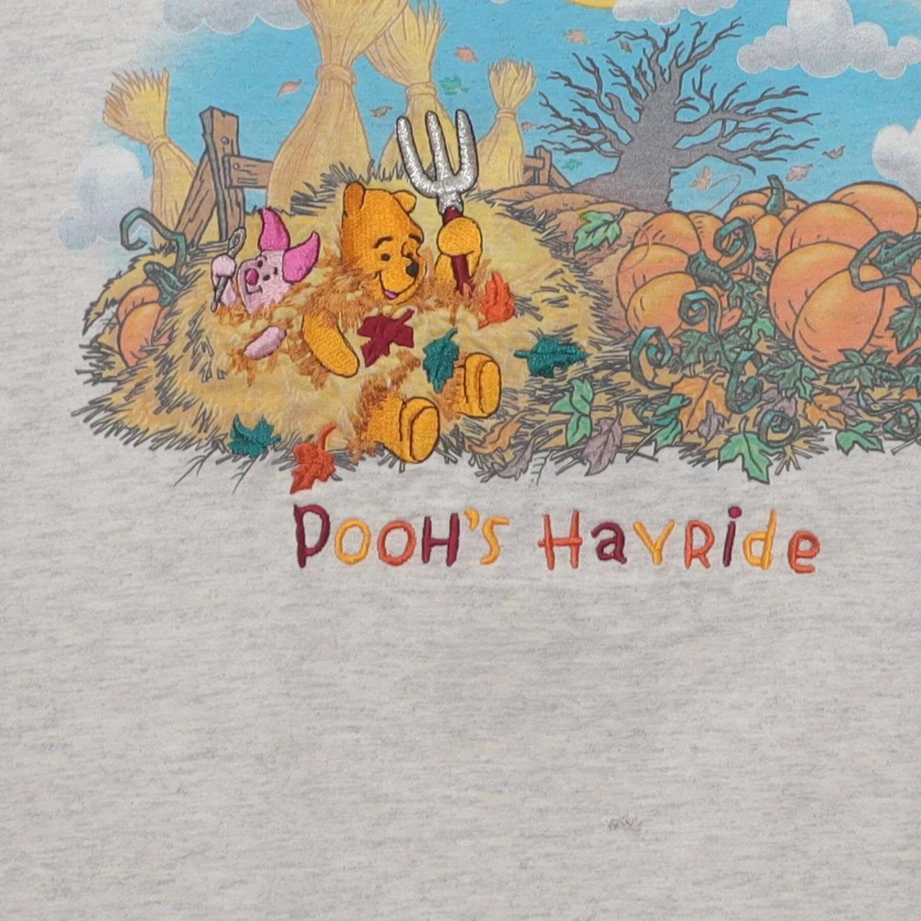 Close-up of the main graphic on the Vintage 1990s Disney Winnie the Pooh "Pooh's Hayride" T-Shirt - S