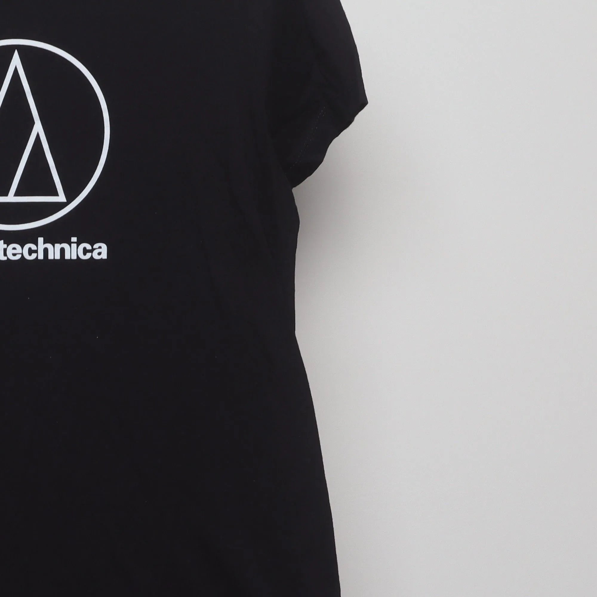 Close-up of the sleeve on the Vintage Audio-Technica Logo Promo T-Shirt S