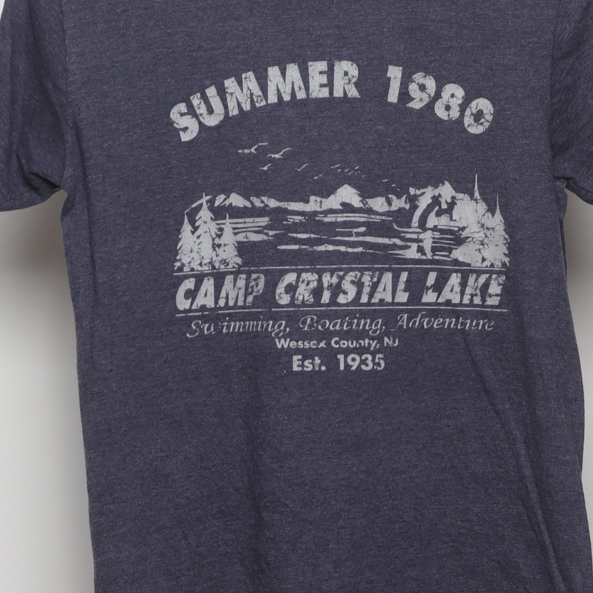 Close-up of the main graphic on the Vintage Camp Crystal Lake Horror Movie T-Shirt S
