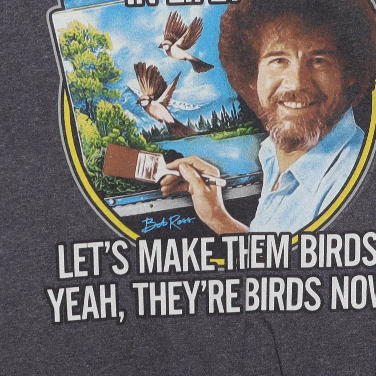 Close-up of the main graphic on the Vintage Modern Bob Ross "Make Them Birds" T-Shirt - M
