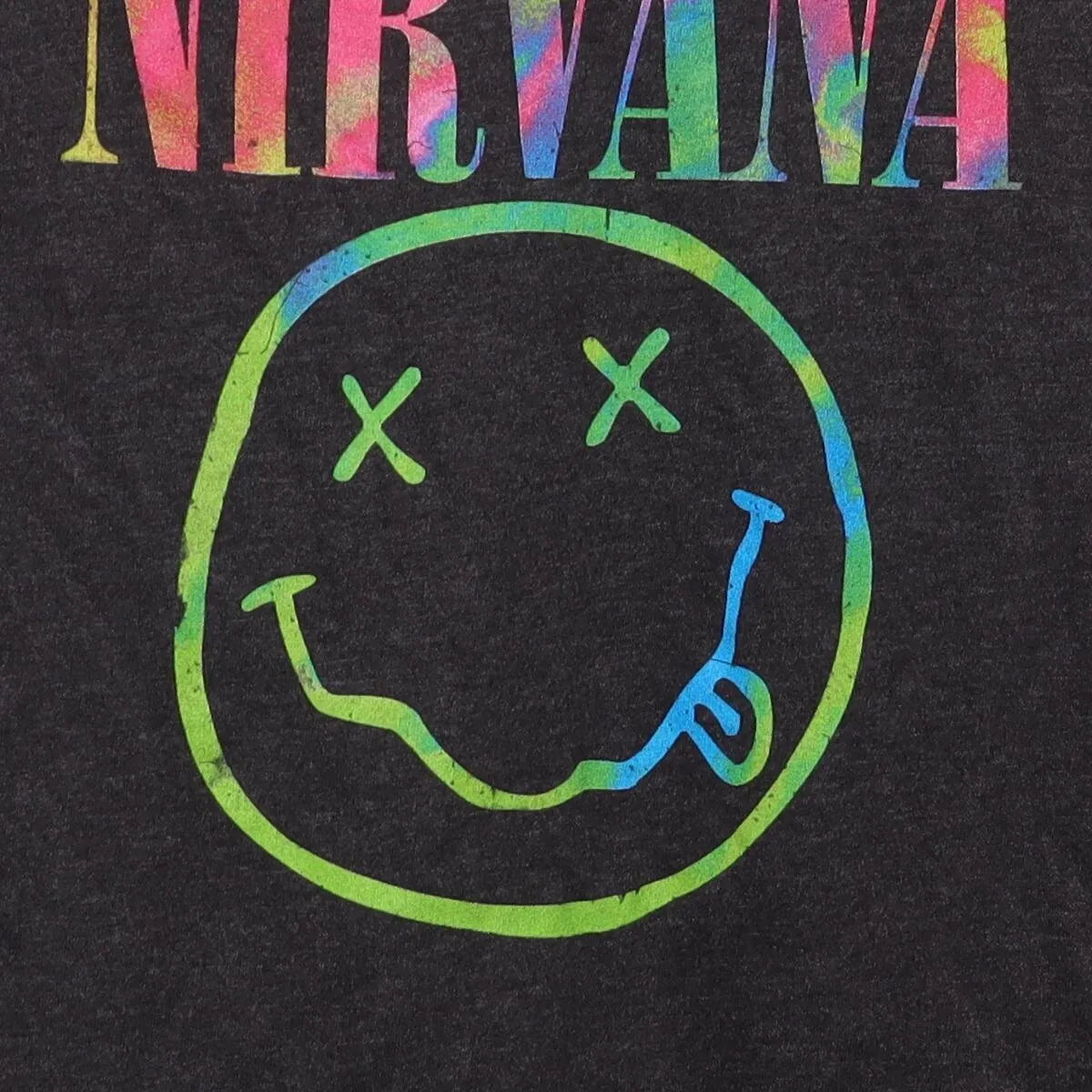 Close-up of the main graphic on the Vintage Modern Nirvana "Tie-Dye Smiley Face" T-Shirt - S