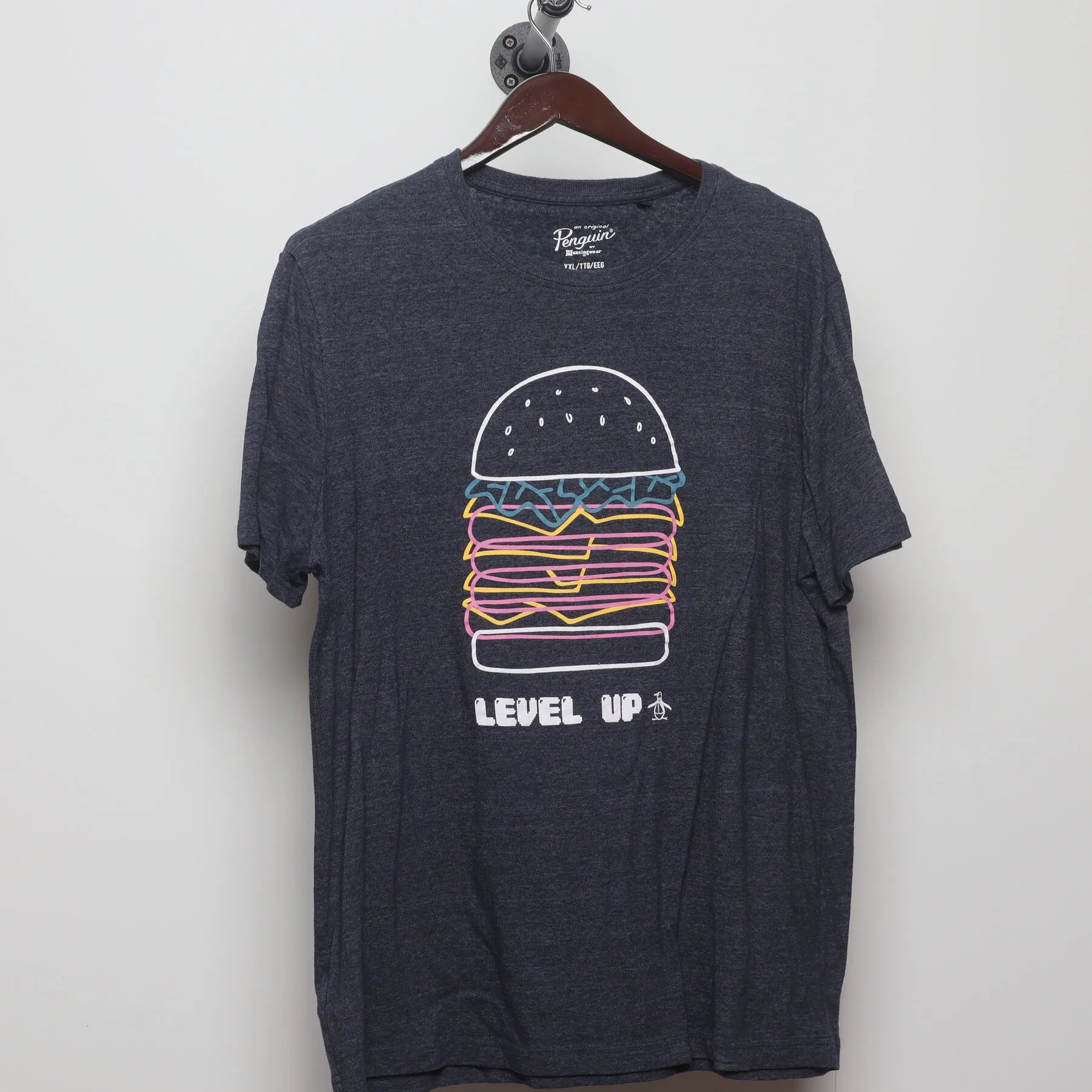Front view of Vintage Modern Original Penguin "Level Up Burger" T-Shirt - L