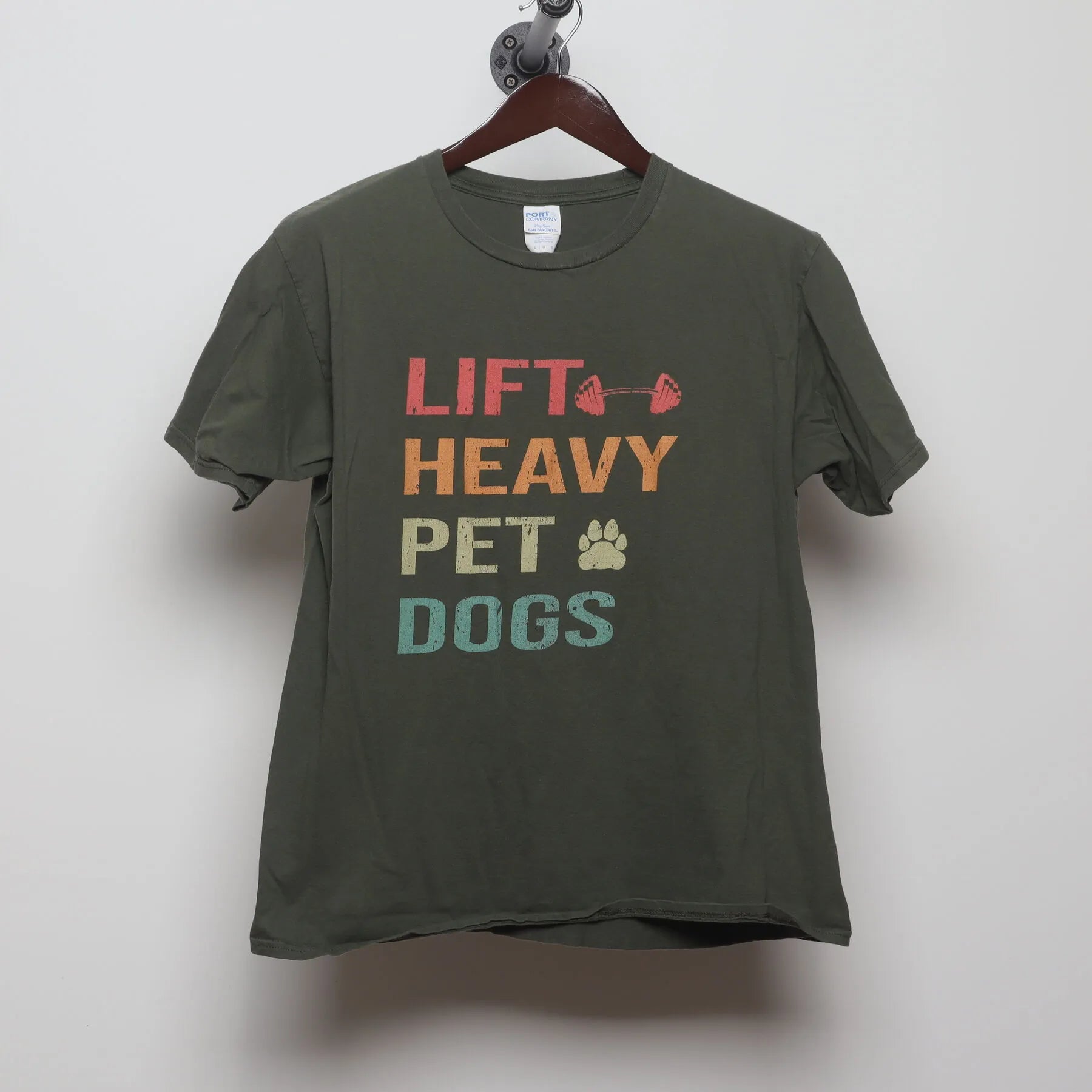Front view of Vintage Modern Port & Company "Lift Heavy Pet Dogs" T-Shirt - L