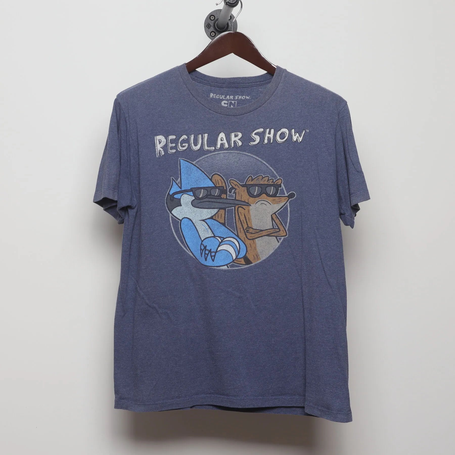 Front view of Vintage Modern Regular Show "Mordecai & Rigby" T-Shirt - L