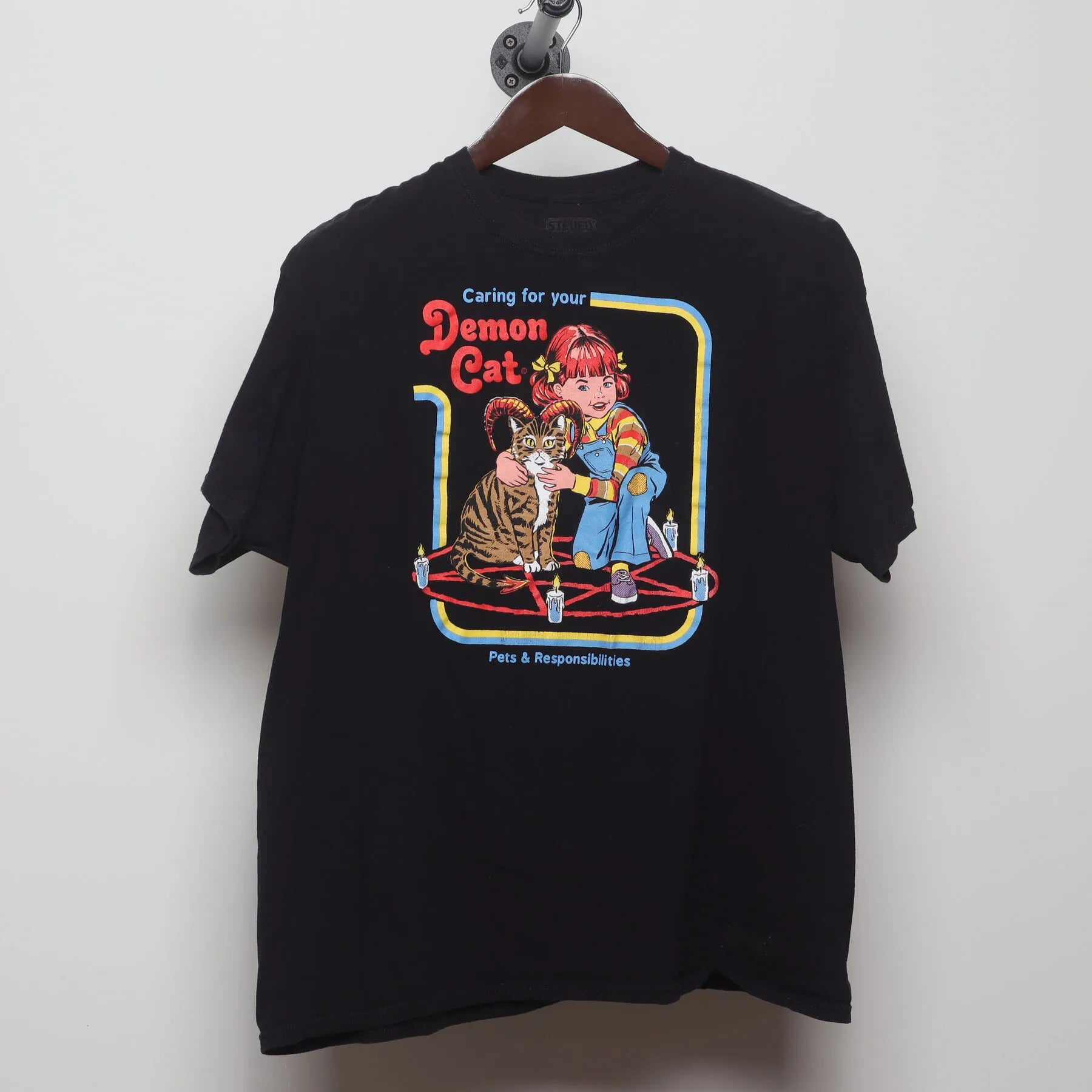 Front view of Vintage Modern Steven Rhodes "Caring for your Demon Cat" T-Shirt - L