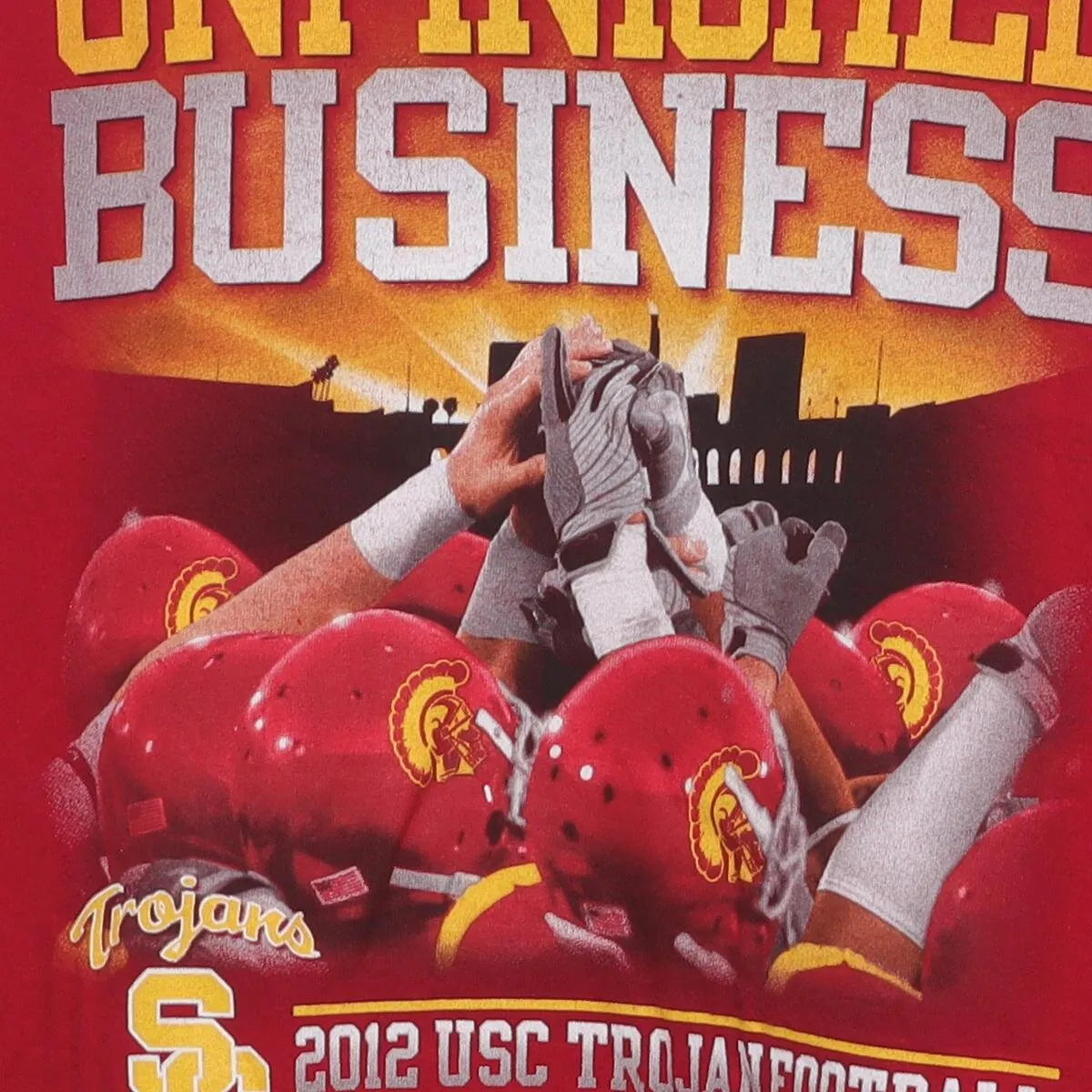 Close-up of the main graphic on the Vintage Modern USC Trojans "Unfinished Business" 2012 Schedule T-Shirt - M