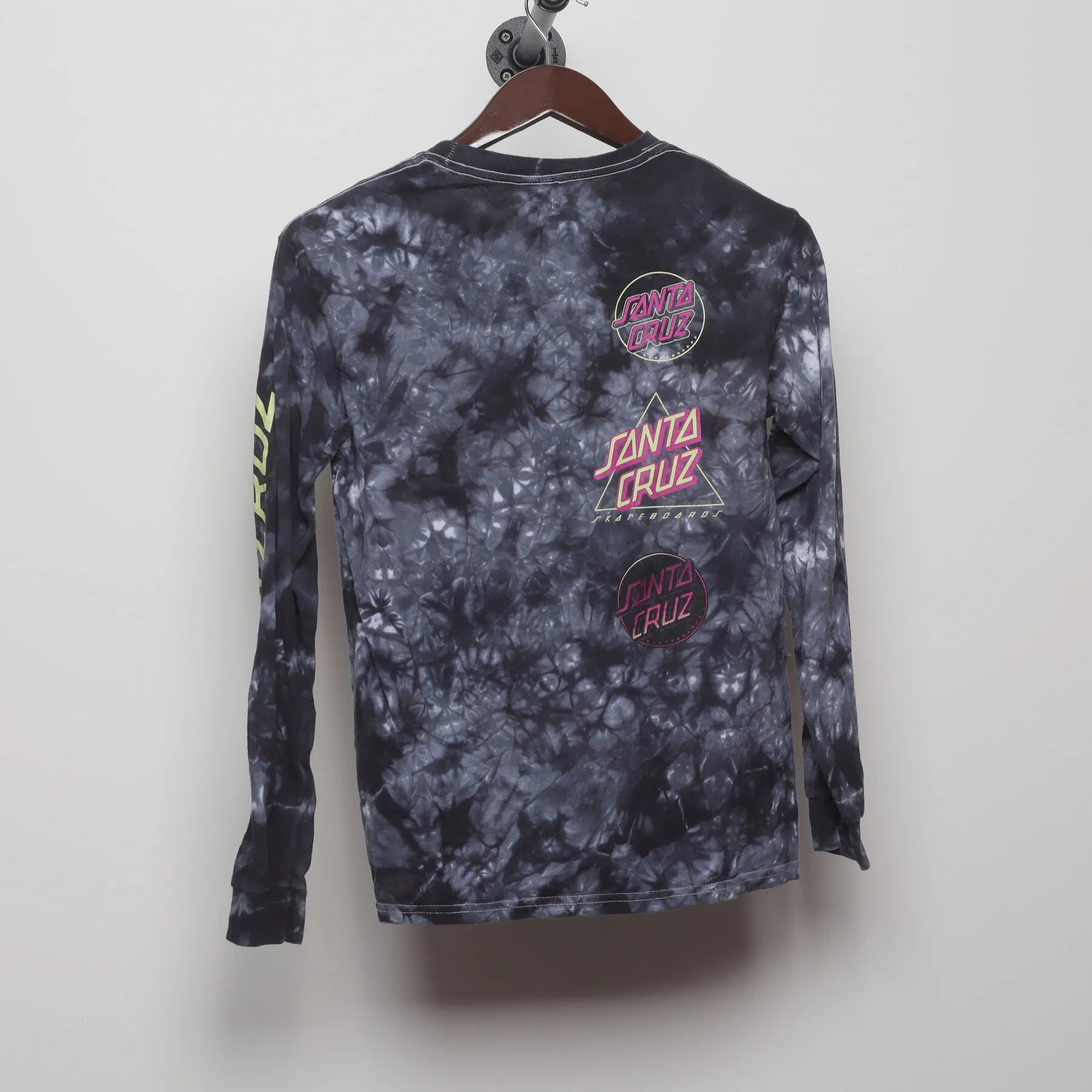 Back view of Vintage Y2K Santa Cruz Skateboards "Multi-Logo Tie-Dye" T-Shirt - XS