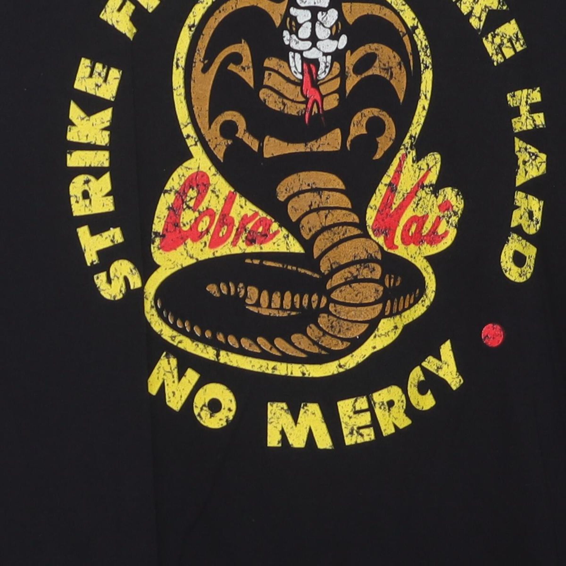 Close-up of the main graphic on the Vintage Y2K Cobra Kai "Strike First Strike Hard No Mercy" T-Shirt - L