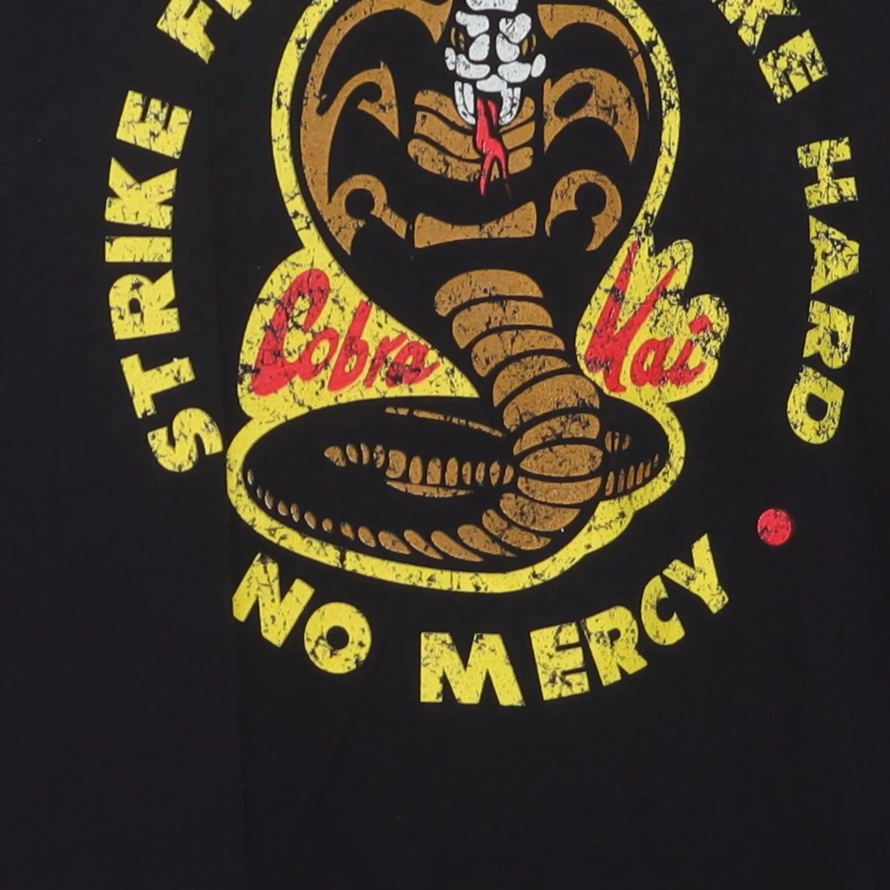 Close-up of the main graphic on the Vintage Y2K Cobra Kai "Strike First Strike Hard No Mercy" T-Shirt - L