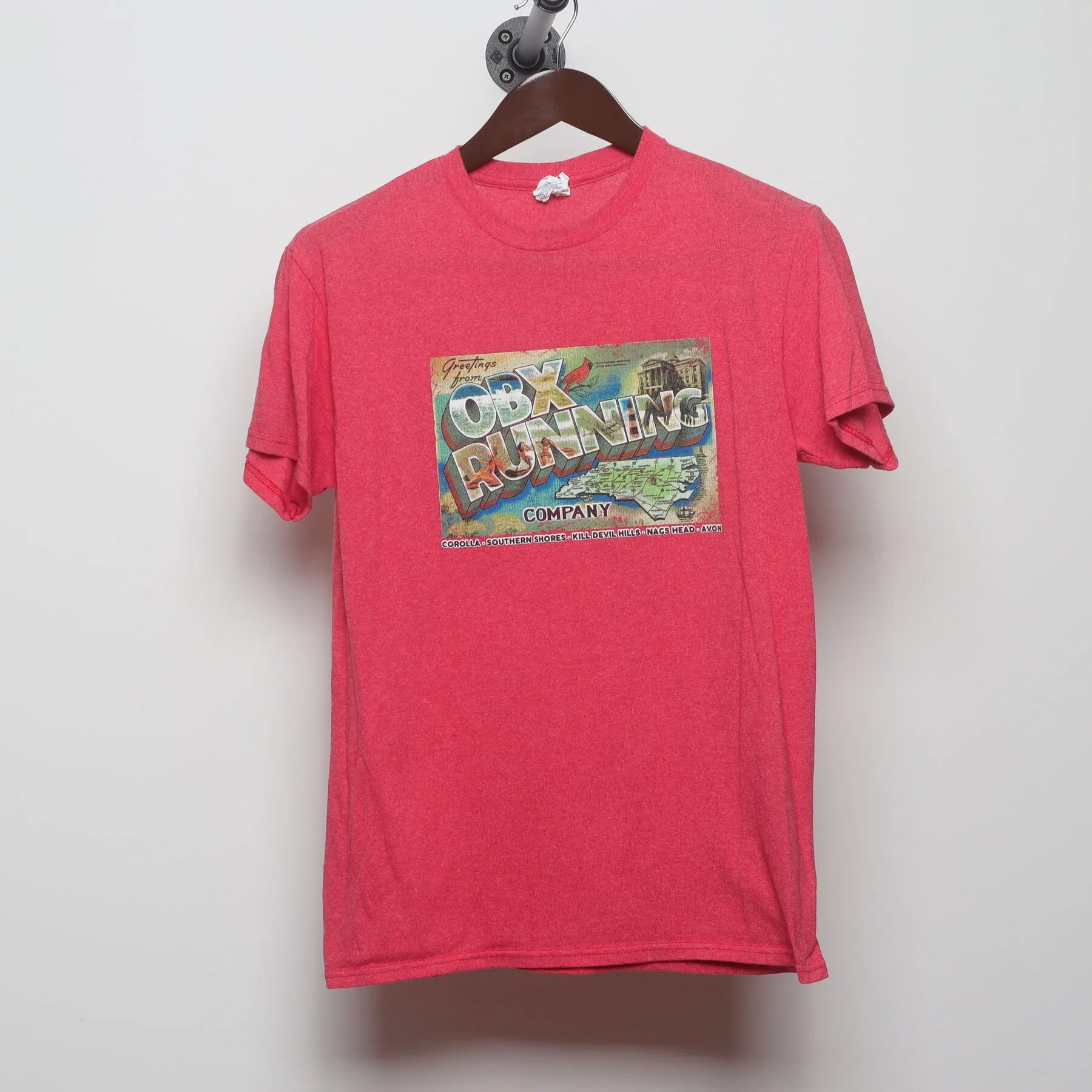 Front view of Vintage Y2K OBX Running Company "Greetings from OBX" Postcard T-Shirt - S