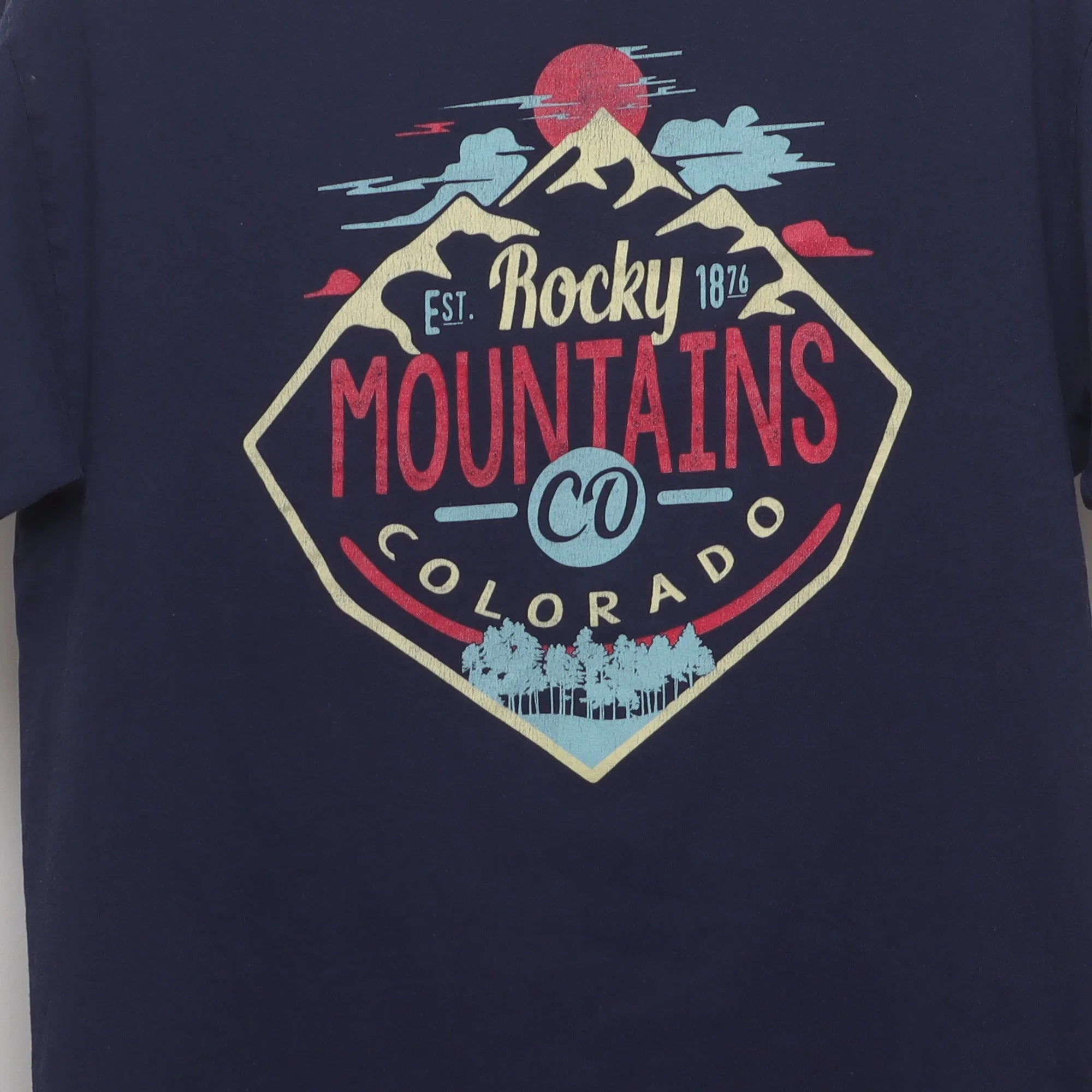 Close-up of the main graphic on the Vintage Style Rocky Mountains Souvenir T-Shirt M
