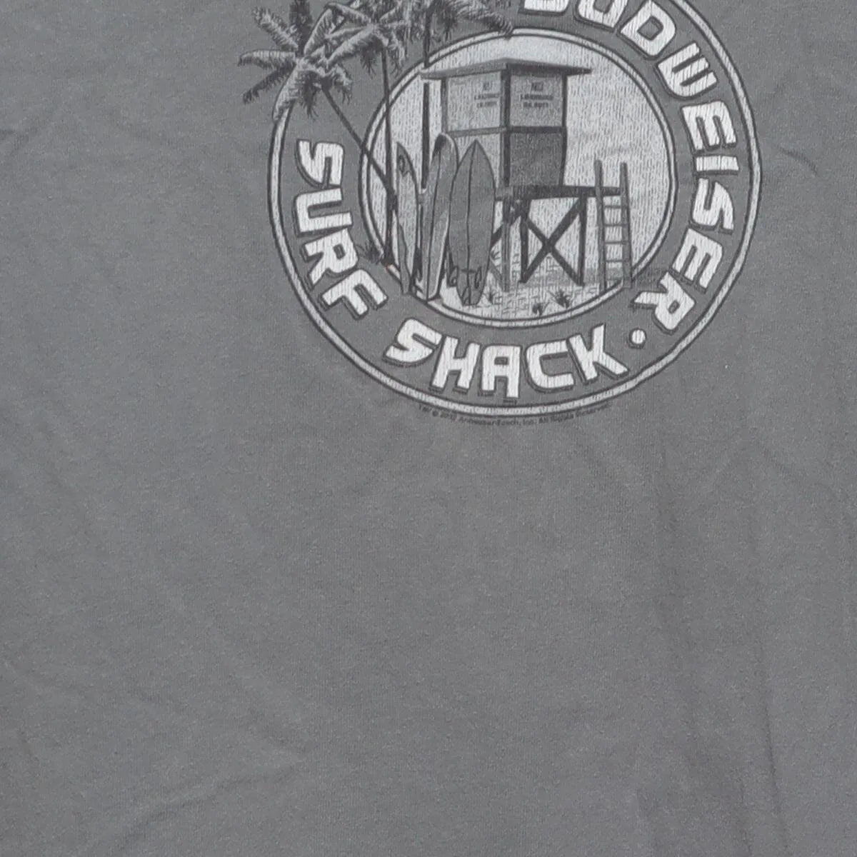 Close-up of the main graphic on the Vintage Y2K Budweiser "Surf Shack" T-Shirt - L
