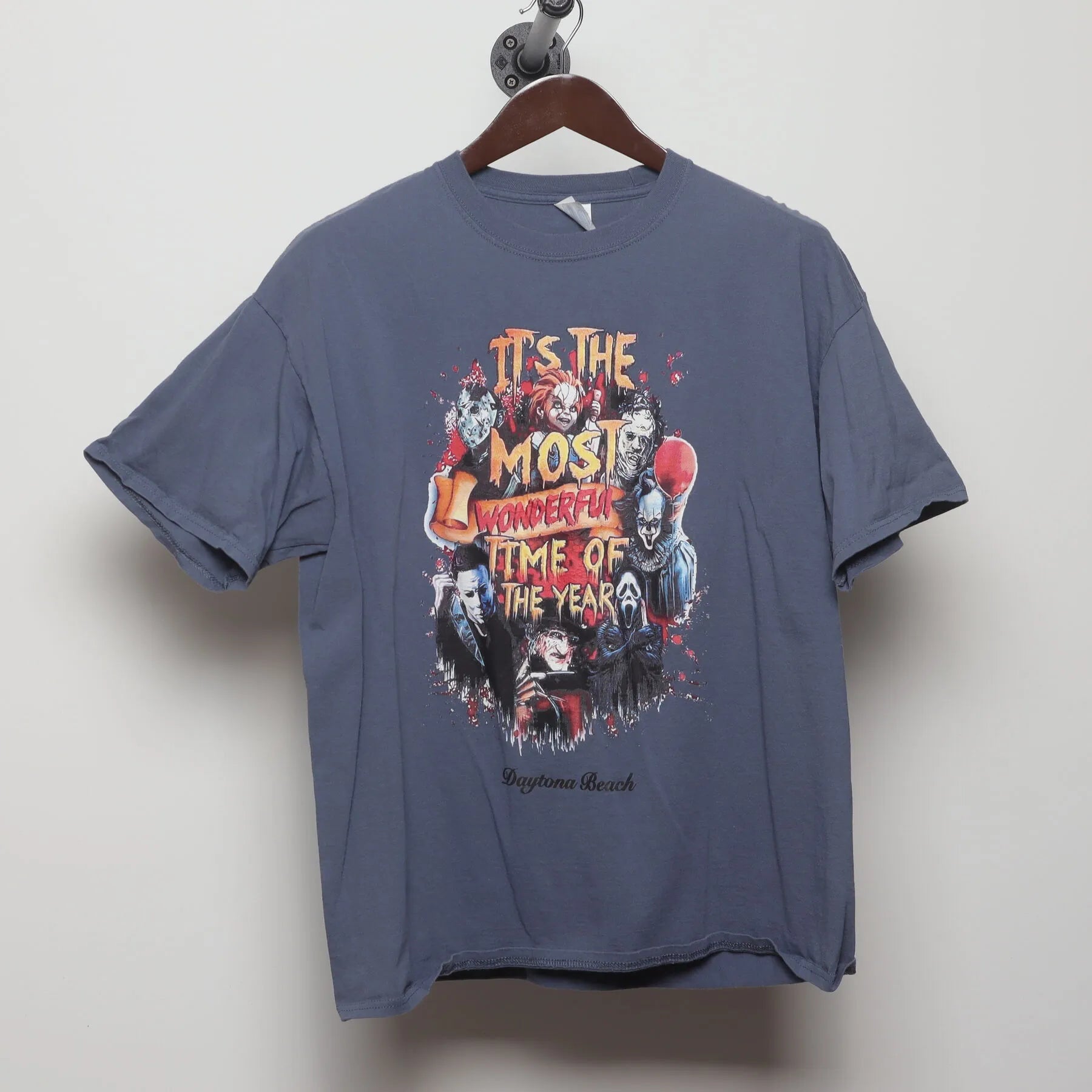 Front view of Vintage Y2K Horror Movie Villains "Most Wonderful Time Of The Year" T-Shirt - L
