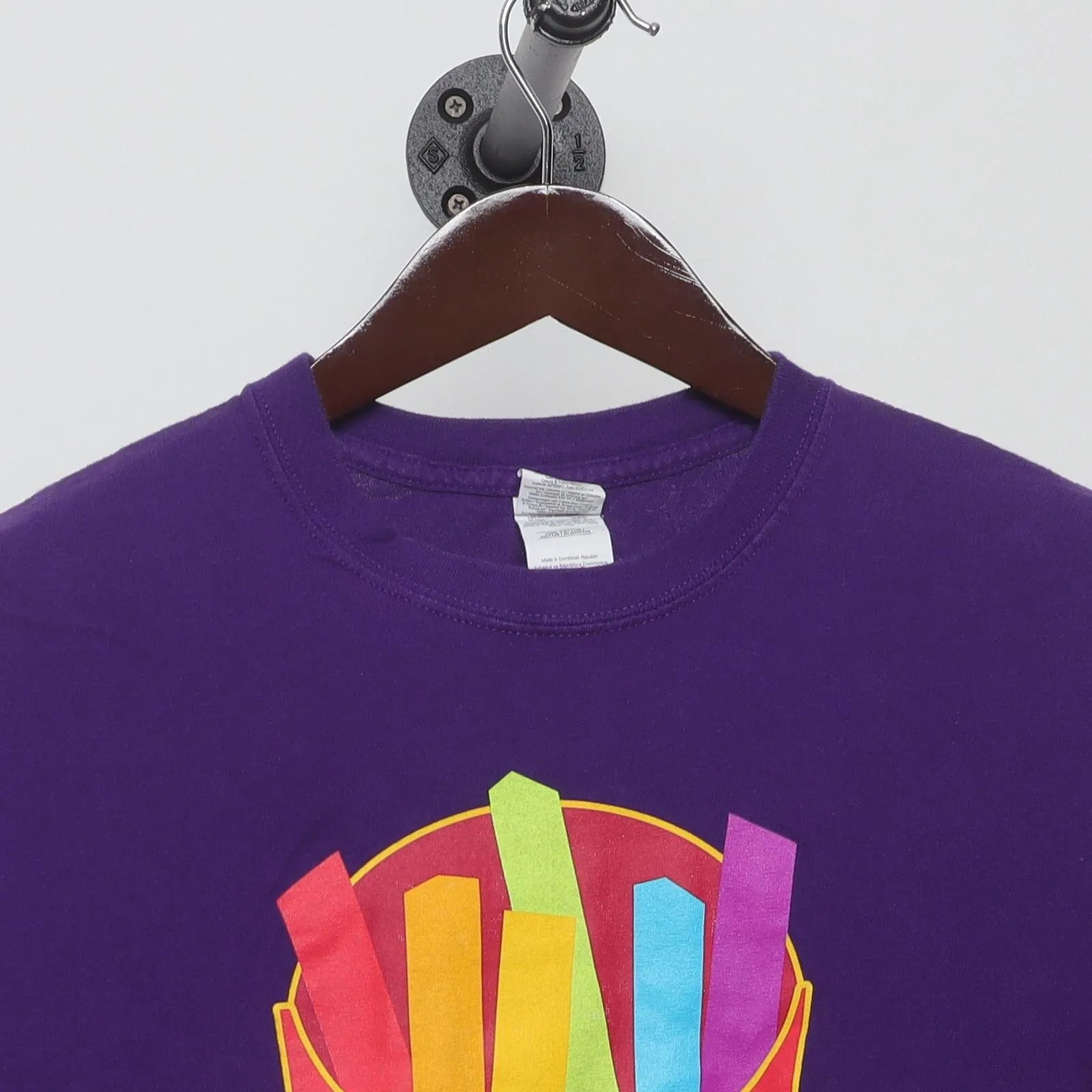 Close-up of the collar and tag on the Vintage Y2K McDonald's "Rainbow Fries" T-Shirt - M