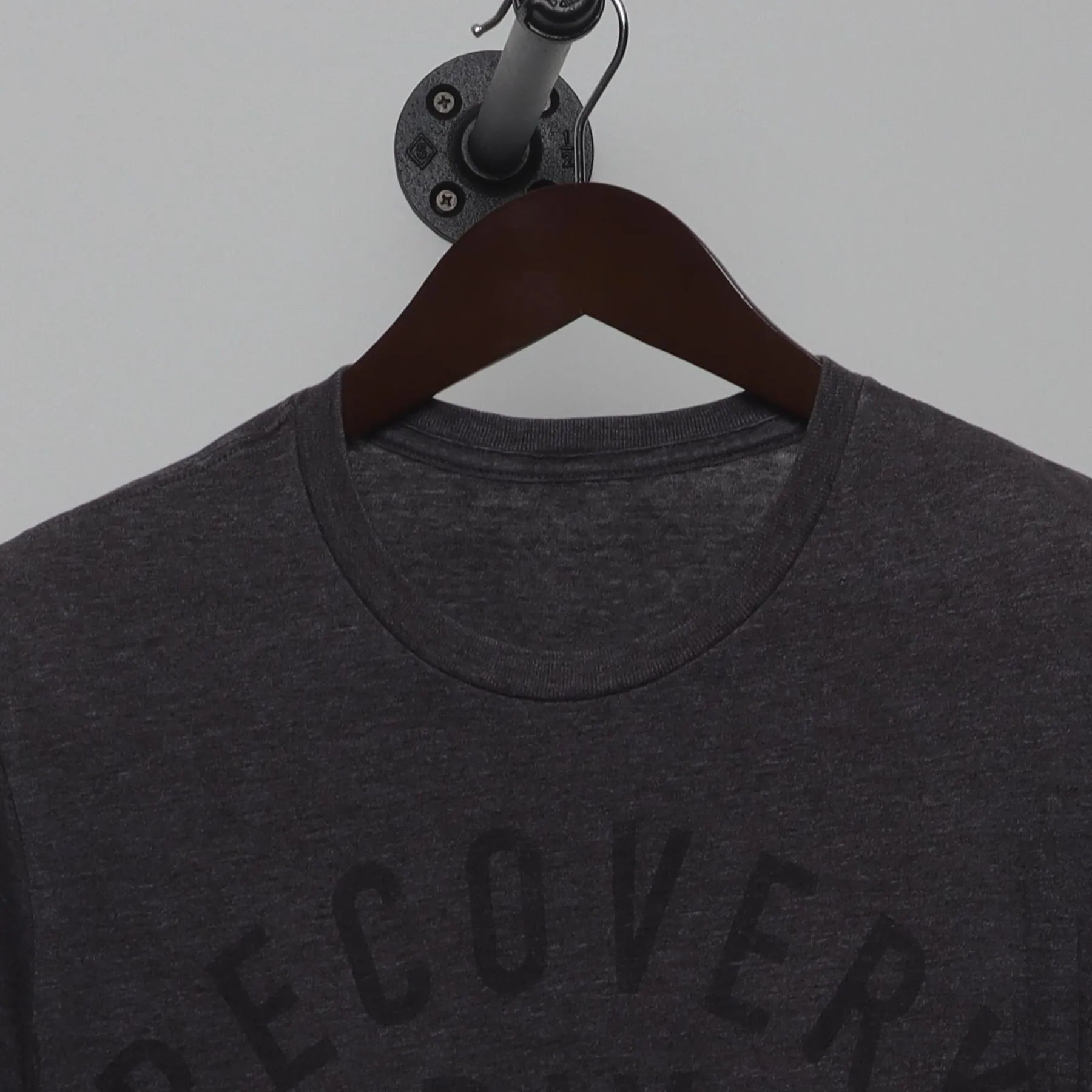 Collar and tag of Recovery Day T-Shirt | Modern Minimalist Graphic Tee | Charcoal Gray
