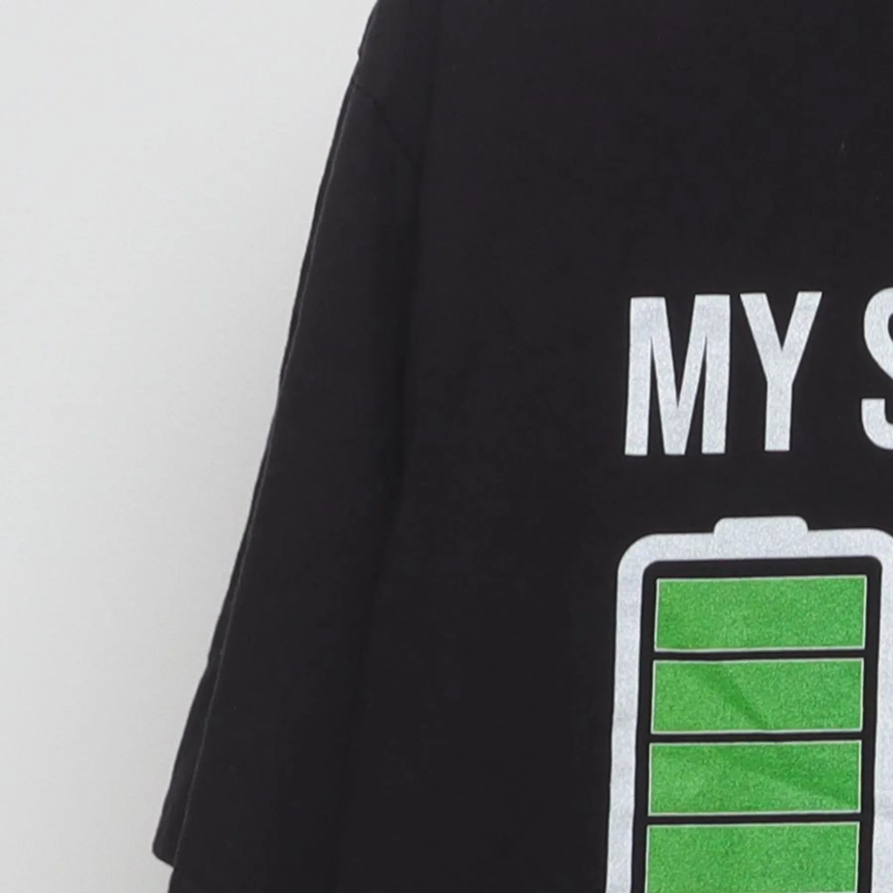 Left sleeve detail of My Social Battery Funny Introvert Graphic T-Shirt