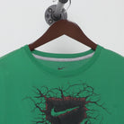 Collar and tag of Vintage Nike Dri-Fit Green Graphic T-Shirt Cracked Shield Swoosh Logo